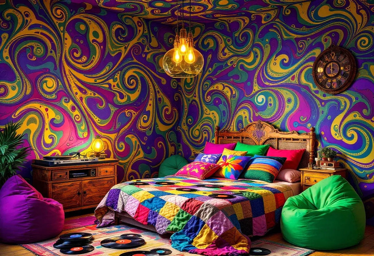 This 70s bedroom is a vibrant explosion of color and pattern, capturing the essence of the psychedelic era. The walls are adorned with swirling designs in bold hues of purple, yellow, and green, creating a sense of movement and energy. A central light fixture with exposed bulbs adds a warm glow, enhancing the room's cozy atmosphere. The bed, with its ornate wooden headboard, is piled high with an array of colorful pillows, each showcasing different patterns that reflect the eclectic style of the time. A patchwork quilt, in a spectrum of bright colors, covers the bed, further adding to the visual dynamism.
In one corner, a vintage wooden record player sits atop a wooden cabinet, hinting at the musical inspirations of the 70s. Vinyl records are scattered on a colorful area rug, reinforcing the room’s dedication to music and personal expression. Large, plush bean bags in pink and green provide additional seating, inviting relaxation and conversation. A retro clock, with a design that complements the psychedelic theme, hangs on the wall, adding a functional yet decorative element. Overall, this bedroom is a lively and nostalgic tribute to a transformative decade.