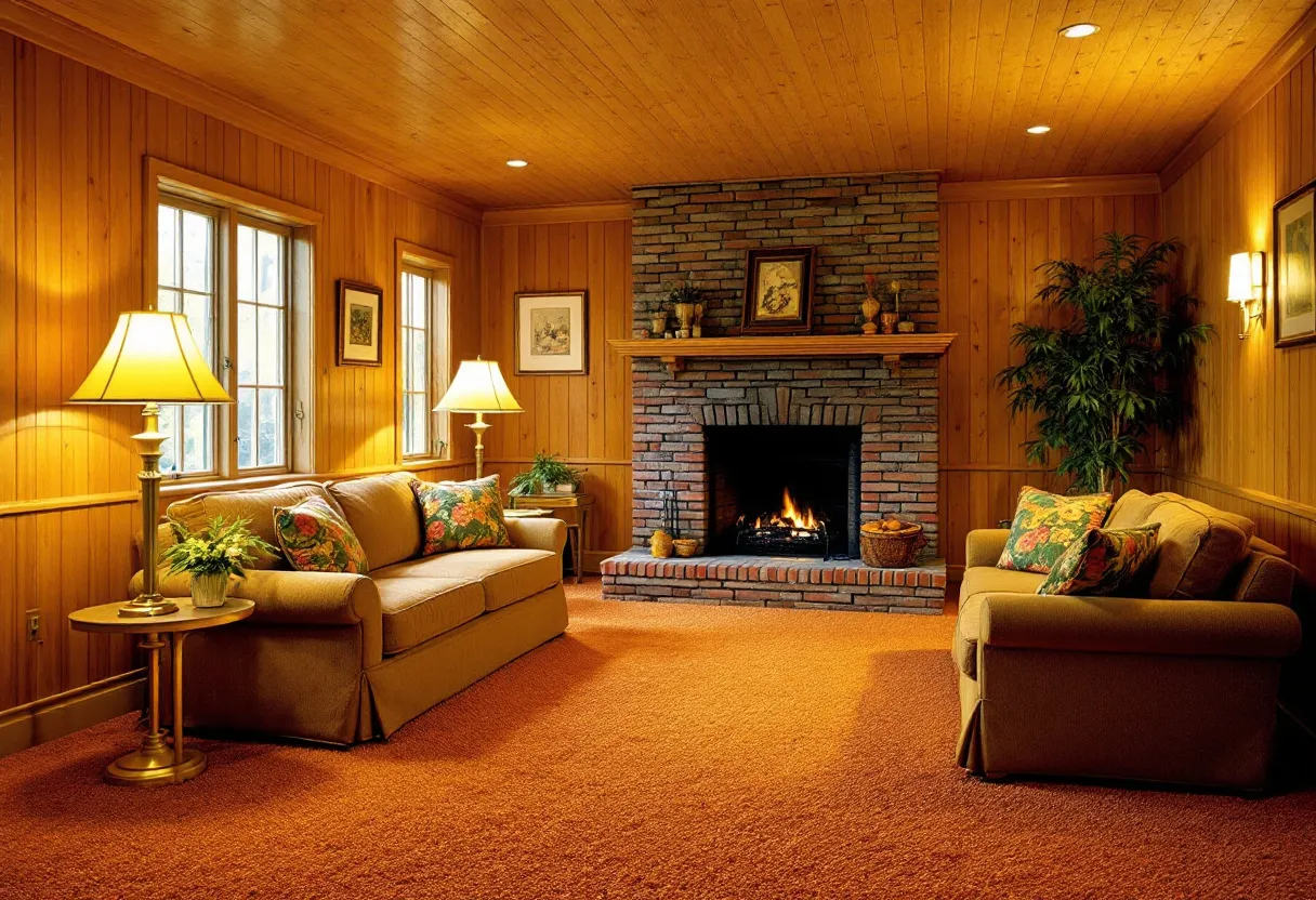 This 70s living room exudes a warm and inviting atmosphere with its rich wooden paneling that covers both the walls and the ceiling. The earthy tones of the wood create a cozy and rustic charm, complemented by the textured orange carpet that adds a pop of color to the space. A central brick fireplace stands as the room’s focal point, its robust construction offering a nod to classic design while providing a source of warmth and comfort. Framed pictures hung thoughtfully above the mantel add a personalized touch, while complementary candle holders and small potted plants enhance the fireplace's inviting setting.
The furniture in this living room embodies the 1970s aesthetic, with plush beige sofas adorned with colorful floral cushions that introduce a lively contrast to the predominantly warm palette. Sleek lamps with classic shade designs stand beside the couches, offering soft lighting that enhances the room's ambient warmth. The inclusion of potted plants at the corners brings in an element of nature, softening the room's structured lines and adding vibrancy. Overall, the space balances retro style elements with homely comfort, evoking a sense of relaxation and timeless appeal.