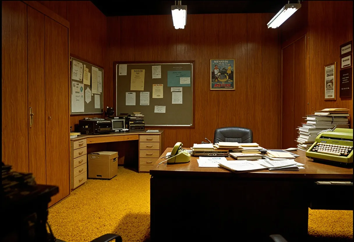 This 70s office is a nostalgic embodiment of mid-century design, characterized by rich, wood-paneled walls that provide an earthy and warm atmosphere. The room is illuminated by two fluorescent ceiling lights, casting an even glow across the workspace. The mustard-yellow carpeting evokes the classic bold color palette of the era, adding a cozy texture underfoot. The central desk, made of dark wood, is a prominent feature and is cluttered with stacks of paper, a typewriter, and an olive-green rotary phone that speaks to the technological standard of the time.
In the corner, an L-shaped desk setup holds various office machines like a vintage radio and filing equipment, indicative of the pre-digital working environment. A bulletin board covered with memos and notices occupies space on the wall, serving as a reminder of the analog nature of workplace communication. Wall decor is minimal yet period-appropriate, with mounted posters and certificates enhancing the retro ambiance. The absence of modern conveniences highlights a focus on physical paperwork and mechanical devices, creating a snapshot of professional life in that decade.