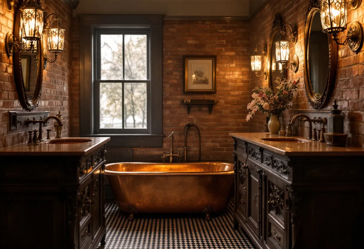 This antique bathroom exudes a warm and inviting ambiance, enhanced by the use of rich, earthy tones throughout the space. The exposed brick walls provide a rustic backdrop, adding character and depth. A prominent feature is the luxurious copper bathtub, which stands as a centerpiece against the classic checkerboard tile flooring. The bathtub’s patina and clawfoot design reflect a bygone era of elegance and pampering.
The double vanity is crafted from dark wood, showcasing intricate carvings that speak to timeless craftsmanship. Each vanity is topped with a polished countertop, and ornate oval mirrors hang above, framed in matching wood. Soft, warm lighting is provided by vintage-style wall sconces, which cast gentle illumination over the entire room. The addition of a vase with flowers adds a touch of freshness and natural beauty, complementing the overall traditional aesthetic.