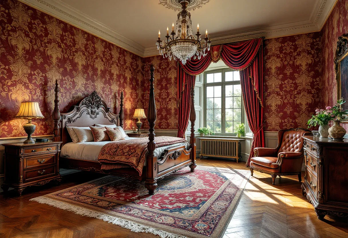 This antique bedroom exudes elegance and opulence, characterized by its rich red and gold color palette that dominates the room. The walls are adorned with ornate wallpaper featuring intricate patterns, creating a warm and inviting atmosphere. The centerpiece is a grand, four-poster bed with carved detailing on the headboard, dressed in luxurious bedding that complements the room's regal theme. Flanking the bed are matching wooden nightstands with elegant lamps, adding a touch of warmth and functionality.
The room is further enhanced by a stunning crystal chandelier hanging from the ceiling, casting a soft glow across the space. Large bay windows allow natural light to flood in, with heavy, red drapes adding to the grandeur while providing privacy. A plush leather armchair sits near the window, offering a cozy nook for relaxation. The hardwood floor is tastefully covered by an intricately designed area rug, tying the room together. Ornate furniture pieces and carefully placed decorative items complete the lush, sophisticated look of this antique bedroom.