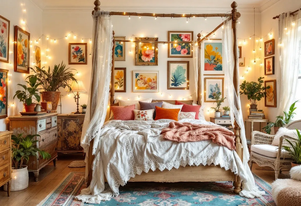 This bohemian bedroom radiates warmth and creativity, blending an eclectic mix of textures and colors. The focal point is a cozy, four-poster bed draped with sheer, flowing fabric, surrounded by assorted, brightly colored pillows and a soft, inviting throw blanket. The bed's intricate lace bedding adds a layer of vintage charm, harmonizing with the vibrant energy of the space. The use of plants throughout the room injects a touch of nature, creating a serene, organic atmosphere.
The walls are adorned with an array of framed floral artwork, adding a splash of color and artistic flair that complements the overall bohemian aesthetic. Twinkling string lights encircle the art and bed, contributing to a magical, inviting ambiance. The furniture, a mix of rustic wooden pieces and a cozy wicker chair, enhances the room's relaxed, eclectic vibe. With its combination of patterns, textures, and natural elements, this bohemian bedroom is a perfect retreat for relaxation and inspiration.