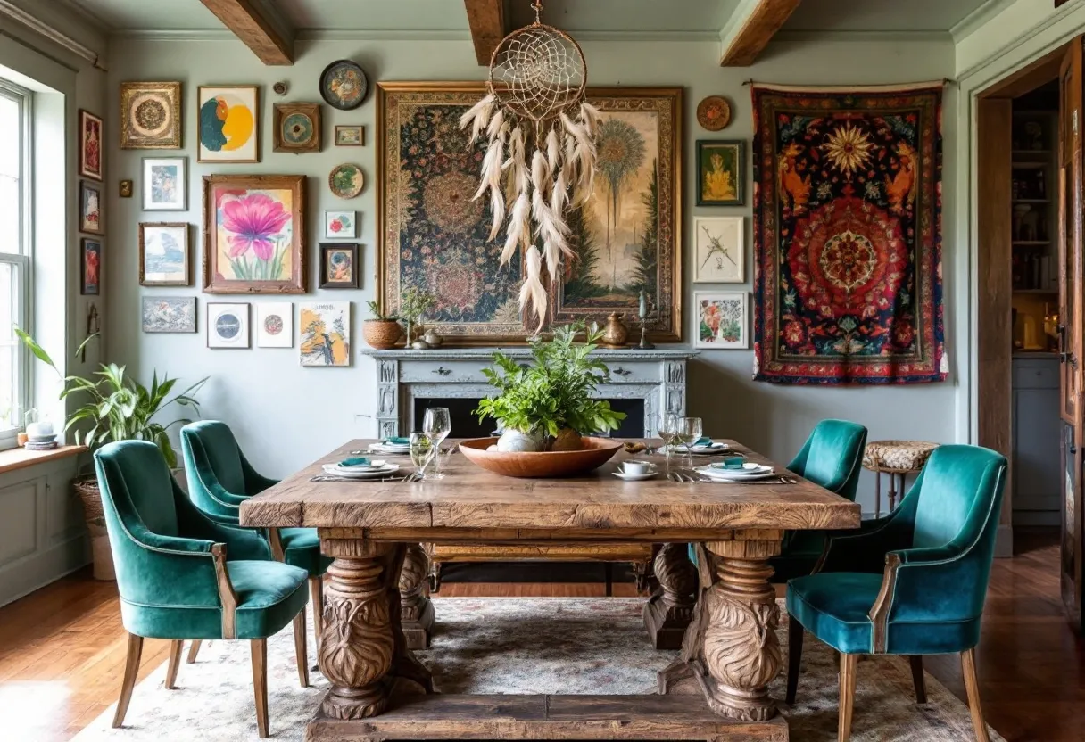 This bohemian dining room exudes a rich tapestry of textures and colors, creating an inviting and eclectic atmosphere. The focal point is a robust wooden dining table with intricate carvings, paired with luxurious teal velvet chairs that offer a pop of color. Above the table, a striking dreamcatcher with cascading feathers gracefully dangles, adding a whimsical touch to the space. The abundant greenery, both on the table and in the corner, brings a sense of freshness and vitality, complementing the natural wood tones and enhancing the room’s organic feel.
The walls are adorned with a diverse collection of artwork and tapestries, each piece contributing to the room's boho charm. A variety of frames and art styles — from vibrant floral prints to abstract designs and intricate tapestries — creates a dynamic visual display. The muted, earthy tones of the wall paint form a subtle backdrop, enabling the art and decor to stand out vividly. With its harmonious blend of art, texture, and nature-inspired elements, this dining room is the perfect embodiment of bohemian style, offering a warm and artistic space for gatherings.
