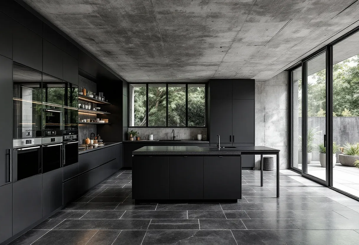 This brutalist kitchen exemplifies a striking combination of industrial aesthetics and minimalist design. The space is dominated by concrete surfaces, seen vividly in the ceiling, which projects a raw, unrefined texture that is typical of brutalist architecture. The overall color palette is subdued, with dark cabinetry and countertops contrasting sharply with the lighter, neutral tones of the concrete elements. Large windows allow natural light to flood the room, adding warmth to the otherwise stark environment, while also offering a view of surrounding greenery, which softens the hard lines and monochrome palette of the interior.
The kitchen’s layout is both functional and stylish, with sleek, handleless cabinetry contributing to a seamless, uncluttered look. Stainless steel appliances are integrated within the dark cabinets, maintaining the kitchen's minimalist vibe. An island sits centrally, doubling as a workspace and a casual dining area, supported by simple leg frames that emphasize an industrial feel. Details such as open shelving with neatly arranged kitchenware add an element of personal touch and practical accessibility, ensuring that the space remains both visually appealing and highly functional.