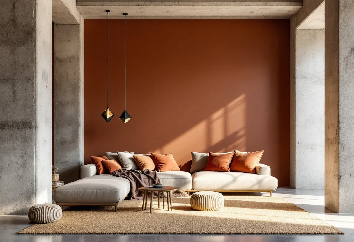 This brutalist living room beautifully combines raw, unfinished concrete with warm, earthy tones, creating a striking balance between industrial austerity and cozy elegance. The dominant feature is the raw concrete structure, evident in the columns and ceiling, providing a rugged, unadorned aesthetic typical of brutalist design. The walls are a calming, muted rust color, complementing the concrete's coolness and adding warmth to the space. Sunlight streaming through large windows casts geometric shadows on the walls, enhancing the room’s architectural character and infusing it with a natural luminescence.
Warm, inviting textiles soften the rigid architecture of this brutalist living room. The plush cream sofa is adorned with rust and beige pillows, adding depth and a touch of softness to the space. A neutral-hued area rug over the polished concrete floor further contributes to the room's comfort. Suspended above are sleek pendant lights with geometric motifs that echo the room's structural shapes. Minimalist yet functional, the small wooden tables and a round, knitted ottoman add to the sophisticated and comfortable aesthetic, blending function with brutalist charm.
