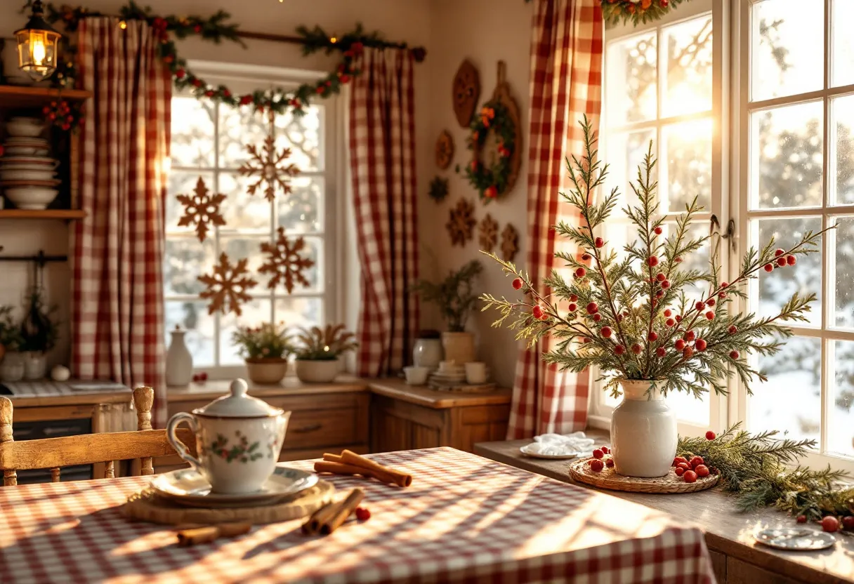 This Christmas kitchen exudes a warm and festive ambiance, bathed in the soft glow of sunlight filtering through frosted windows. The space is adorned with charming red and white gingham curtains that frame the windows, complementing the rustic wooden furniture. A centerpiece of evergreen branches laced with red berries sits prominently on the wooden table, its vibrant colors inviting a sense of holiday cheer. The table is covered with a matching red and white gingham tablecloth, enhancing the cozy, homey atmosphere.
The room is decorated with delightful festive touches, including hanging snowflake ornaments in the windows and a garland draped across the wall. Against a backdrop of walls adorned with decorative wreaths, the kitchen shelves neatly display stacks of crockery, adding to its inviting, lived-in feel. A vintage style teapot and cups with holly motifs rest on the table, ready to serve warm beverages, making the kitchen a perfect setting for a cozy Christmas gathering with family and friends.