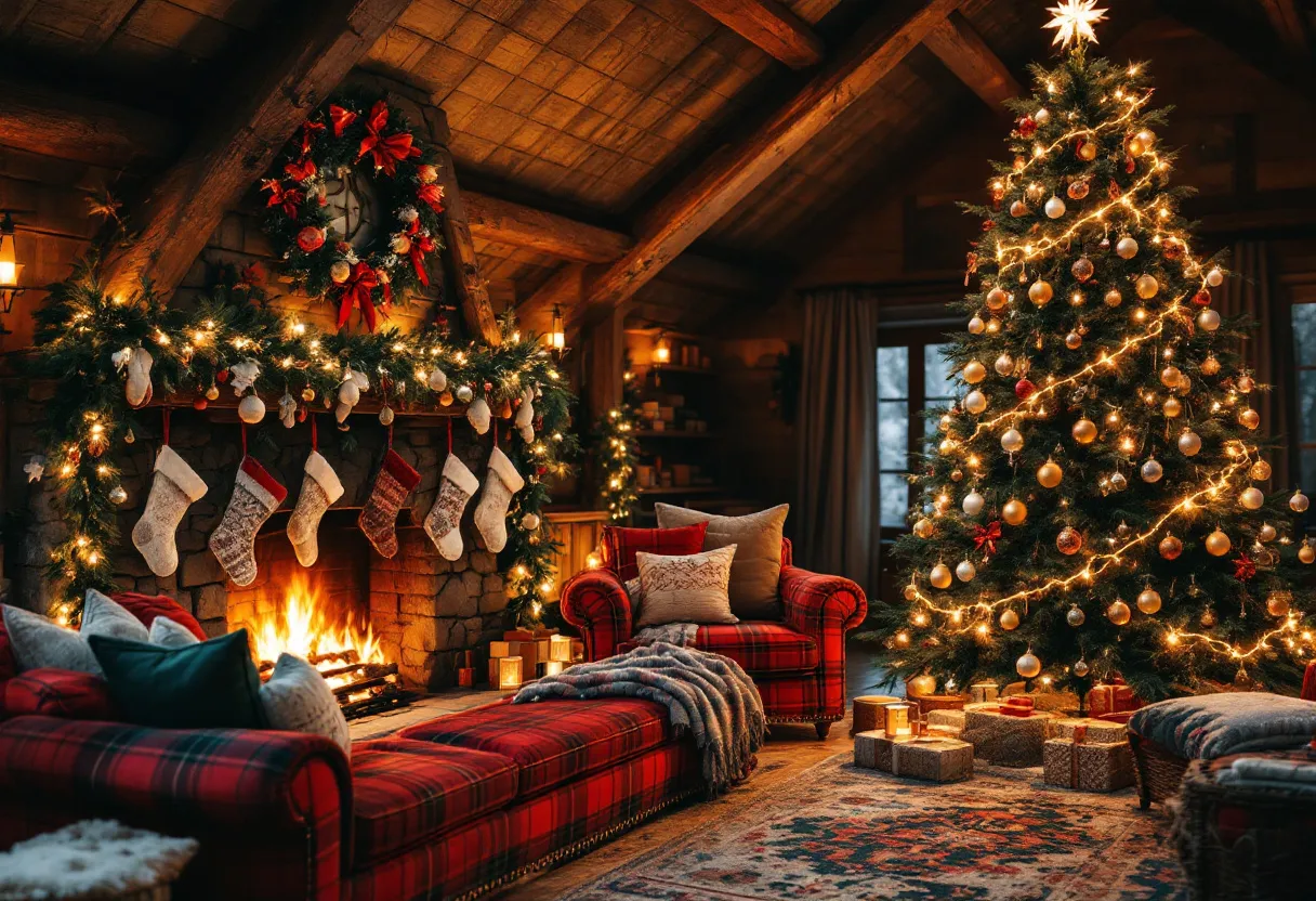 This Christmas living room exudes warmth and festive cheer, with a beautifully decorated tree taking center stage. The tree is adorned with an array of shimmering ornaments and twinkling lights, crowned with an elegant star at the top. Its base is surrounded by neatly wrapped gifts, adding to the anticipation and excitement of the holiday season. The soft glow from the tree lights enhances the cozy ambiance, making the room feel inviting and peaceful.
The stone fireplace is another focal point, adorned with a lush garland and an arrangement of stockings hanging across the mantel. A roaring fire casts a gentle glow, complementing the wooden beams and rustic charm of the room. Comfortable plaid-patterned seating, accented with an assortment of cushions, adds to the warmth and hospitality of the space. A wreath above the fireplace further accentuates the festive spirit, ensuring that every corner of the room reflects the joy of Christmas.