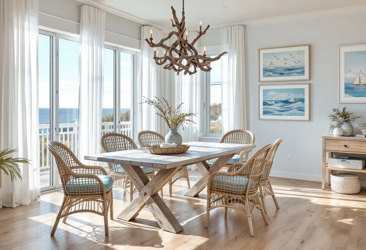 This coastal dining room exudes a serene and airy atmosphere, punctuated by large windows that offer a striking view of the ocean. The room is awash with natural light, illuminating the soft blue and white palette that echoes the colors of the sea and sky. A rustic wooden dining table takes center stage, surrounded by wicker chairs that add a natural, beachy vibe. The chairs are adorned with soft blue cushions, enhancing the overall comfort and inviting nature of the space.
The decor complements the coastal theme, featuring framed artwork of sailboats and sea scenes on the walls, which reinforce the connection to the nautical landscape just outside. A unique chandelier crafted from driftwood hangs above the table, adding an artistic yet organic touch to the room. The light wood flooring and understated decor imbue the space with a minimalist elegance, making it a perfect setting for relaxed dining while enjoying the sea view.