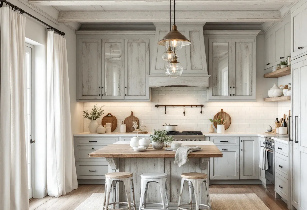 This coastal kitchen exudes a serene and inviting atmosphere, characterized by its soft, light color palette and natural textures. Shaker-style cabinets in a weathered gray hue complement the white subway tile backsplash, creating a clean yet rustic look. The open shelving to the right of the cabinets adds a touch of casual elegance, showcasing simple white ceramics and greenery. Warm wooden elements are present in the central island, which features a reclaimed wood countertop and provides seating with three wooden stools, reinforcing the kitchen's laid-back coastal vibe.
The space is accented by thoughtful details such as the glass-front cabinet doors, which add depth and interest to the upper cabinetry. The light fixtures above the island feature a trio of vintage-style pendant lights, enhancing the room with a warm, golden glow. Large windows with flowing white curtains allow natural light to flood in, adding to the airy and welcoming feel of the kitchen. Overall, this coastal kitchen combines functionality with a stylish, beach-inspired aesthetic that is both timeless and comfortable.