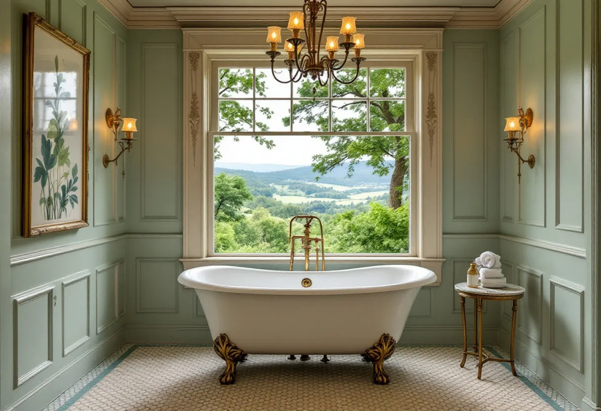 This cottage core bathroom exudes a serene elegance, centered around a luxurious clawfoot bathtub with ornate golden feet, adding a touch of vintage charm. The walls are adorned with soft, sage green paneling, complementing the natural theme and enhancing the peaceful ambiance. An ornate chandelier hangs from the ceiling, casting a warm, inviting glow across the room, while wall sconces on either side further illuminate the space with a gentle elegance.
The large window offers a breathtaking view of rolling hills and lush greenery, blurring the lines between the indoors and the natural world outside. A delicate side table, topped with neatly folded towels and a small decorative item, emphasizes the thoughtful details that characterize cottage core aesthetics. A botanical print in a classic frame adds a subtle artistic touch, reinforcing the harmonious blend of nature-inspired decor and timeless sophistication.