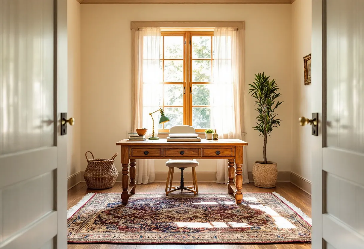 This cozy office exudes a warm, inviting atmosphere, enhanced by the soft natural light streaming through the large window. The wooden desk at the center becomes a focal point with its classic design and rich tones, perfectly complemented by a vintage-style green desk lamp. A pile of neatly stacked books, a small decorative bowl, and a couple of potted plants add a personal touch, infusing the space with personality and life.
The room feels grounded and comfortable due to the intricately patterned area rug that adds a splash of color and texture to the floor. The walls and ceiling are painted in neutral tones that amplify the serenity of the space, while a tall, leafy plant in the corner contributes an organic element. This minimalist yet well-curated office environment is ideal for concentration and creativity, offering a perfect balance between functionality and aesthetic appeal.