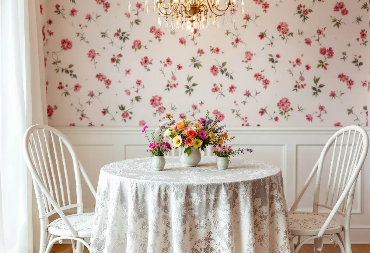 This cute dining room exudes a charming and inviting atmosphere with its coordinated decor and soft, delicate features. The floral wallpaper, adorned with vibrant pink flowers and green leaves, adds a touch of whimsy and romance, creating a serene backdrop. The room is anchored by an elegant round table draped in a lace tablecloth, which enhances the room's vintage-inspired charm. The warm tones of the hardwood floor complement the overall light color scheme, providing a cozy and welcoming feel.
A stunning chandelier hangs above the table, its crystals capturing the light and casting a soft glow throughout the room. This, combined with the fresh blooms arranged in vases on the table, infuses the space with a sense of freshness and vitality. The white chairs, with their classic design, harmonize perfectly with the room’s overall aesthetic, making this dining area a delightful space for gatherings or intimate meals.