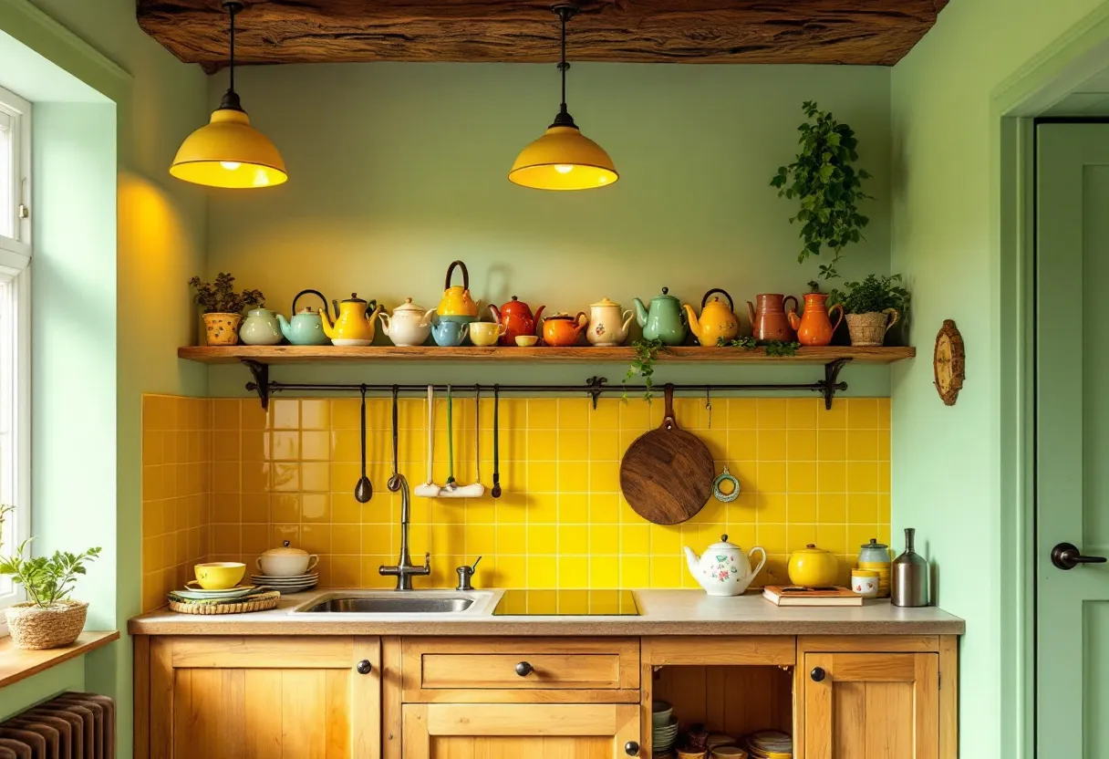 This cute kitchen exudes charm and warmth with its vibrant color scheme and rustic elements. The walls are painted a soft shade of green, harmonizing beautifully with the bright yellow tiles that form an eye-catching backsplash. A series of colorful teapots adorn the wooden shelf above the counter, adding whimsy and a splash of personality to the space. The interplay of various colors and the greenery adorning the shelf contribute to the kitchen’s inviting atmosphere.
The natural wood cabinetry and countertops enhance the cozy, rustic feel of the kitchen. A small window lets in ample natural light, accentuating the cheerful ambiance. Two pendant lights with warm yellow shades provide additional illumination, casting a gentle glow over the sink and countertop. Overall, this kitchen’s design balances practicality with artistic flair, creating a space that is both functional and delightfully charming.