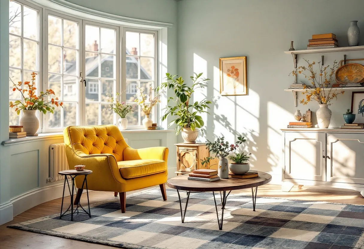 This cute living room exudes warmth and charm with its harmonious blend of colors and textures. The focal point is a cozy, mustard-yellow armchair that adds a vibrant splash of color to the space. Positioned by a large bay window, the room is flooded with natural light, enhancing the serene ambiance. A round wooden coffee table with sleek metal legs anchors the seating area, surrounded by beautiful greenery and decorative plants that infuse life into the room.
Elegantly placed on a neutral-toned, checkered rug that ties the space together, the furniture arrangement is both stylish and functional. The walls are adorned with minimalistic art and understated shelving that displays a tidy selection of books and vases, complementing the room's artistic feel. Overall, this living room is a perfect blend of modern and rustic elements, creating a welcoming environment that invites relaxation and conversation.