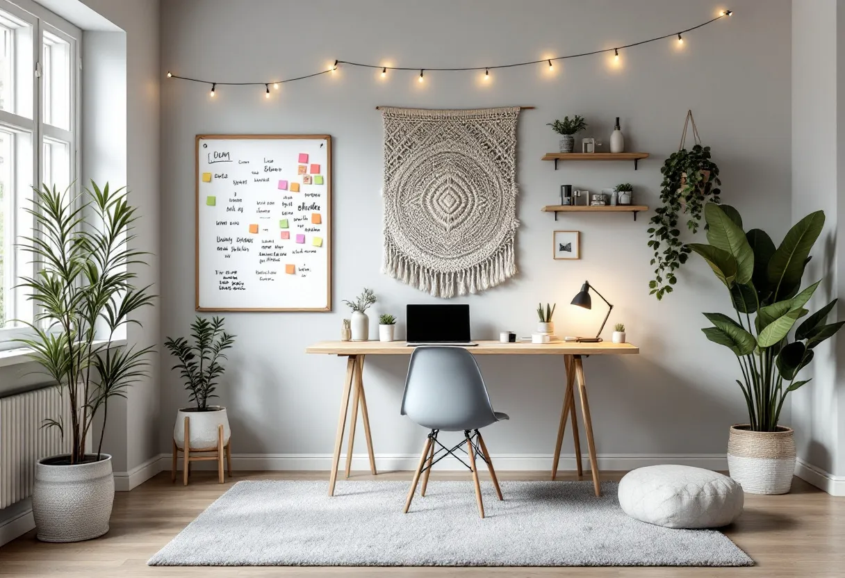 This cute office exudes a cozy and inviting vibe with its modern minimalist design. The neutral-colored walls provide a calm backdrop for the space, which is tastefully accented with pops of greenery from various potted plants that bring a touch of nature indoors. A wooden desk sits at the center, complemented by a sleek chair, and is adorned with neatly arranged items including some small, charming plants and a stylish lamp. Above the desk, a macramé wall hanging adds an artistic touch, enhancing the aesthetic appeal and texture of the space.
On one side of the room, a whiteboard is creatively used with colorful sticky notes and lists, illustrating an organized and productive environment. Soft fairy lights drape elegantly above, casting a warm glow that adds a comforting ambiance perfect for both work and relaxation. Floating shelves on the wall hold a few decorative items, adding to the minimalist, yet personalized look. A plush rug and a round floor cushion complete the space, offering comfort and a touch of casual elegance. Overall, this cute office is both functional and stylish, making it an ideal workspace.