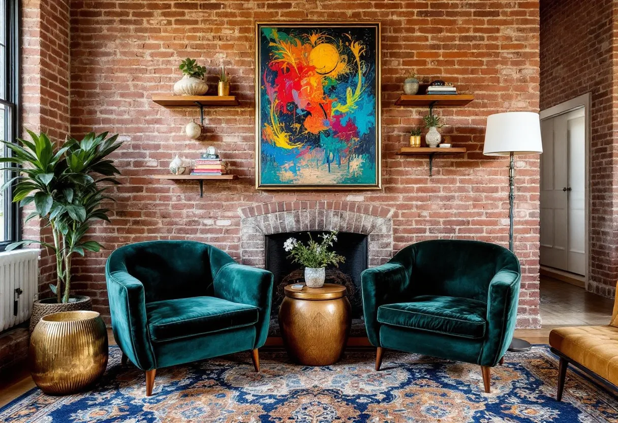This eclectic living room beautifully blends various textures, colors, and styles, creating a vibrant and inviting atmosphere. The exposed brick wall adds a rustic charm, giving the space a sense of warmth and authenticity. Central to the design is a large, colorful abstract painting that injects a burst of energy and creativity. The painting’s vivid colors resonate with other elements in the room, creating a harmonious visual flow.
The room features plush green velvet chairs that add a touch of elegance and comfort, contrasting with the earthy tones of the brick wall. Complementing the chairs, a patterned rug introduces intricate designs and muted colors that ground the space. Wooden shelves hold an array of decorative items and books, contributing to the eclectic feel. A tall indoor plant and thoughtfully placed ceramics enhance the ambiance, adding to the room's dynamic yet cozy character.