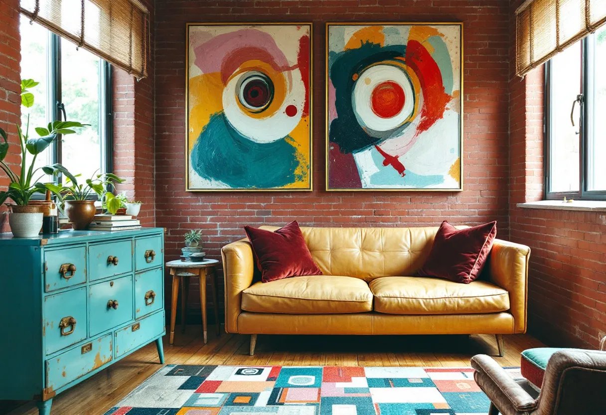 This eclectic office exudes a vibrant and artistic charm, combining various textures and colors to create a visually stimulating environment. The focal point is a mustard yellow leather couch adorned with plush burgundy pillows, providing a cozy seating area against a backdrop of exposed brick walls. Above the couch, two large abstract paintings add a burst of color and dynamic energy, their bold swirls of red, blue, and orange reflecting the room's vibrant personality.
To the left of the couch, a distressed turquoise sideboard introduces a vintage appeal, its surface dotted with an assortment of potted plants, adding a touch of nature and freshness. Beneath it, a geometric-patterned rug with an array of colors and shapes ties the room together, offering a contrasting yet harmonious blend of modern and retro aesthetics. Overall, the office space tells a story of creativity and comfort, inviting occupants to linger and enjoy the eclectic mix of design elements.
