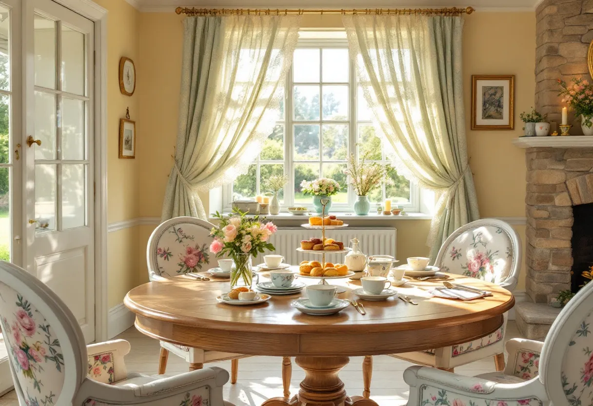 This English cottage dining room exudes a charming and cozy ambiance, enhanced by the soft natural light streaming in through a large window adorned with flowing lace curtains. The room features a central wooden dining table, a warm, honey-toned piece that serves as the gathering point for leisurely tea or meals. Elegantly arranged upon it is a classic tea set, with white porcelain cups and saucers, alongside a delightful array of pastries on a tiered stand, evoking a sense of traditional afternoon tea.
Floral motifs grace the upholstered chairs, bringing a touch of nature indoors and complementing the fresh floral arrangement in a vase on the table. The walls are painted a warm yellow, creating a welcoming and sunny atmosphere that harmonizes with the rustic stone fireplace embellished with decorative frames and softly glowing candles. This beautiful melding of textures and colors crafts an inviting and timeless setting, perfect for enjoying gatherings in a serene English countryside manner.