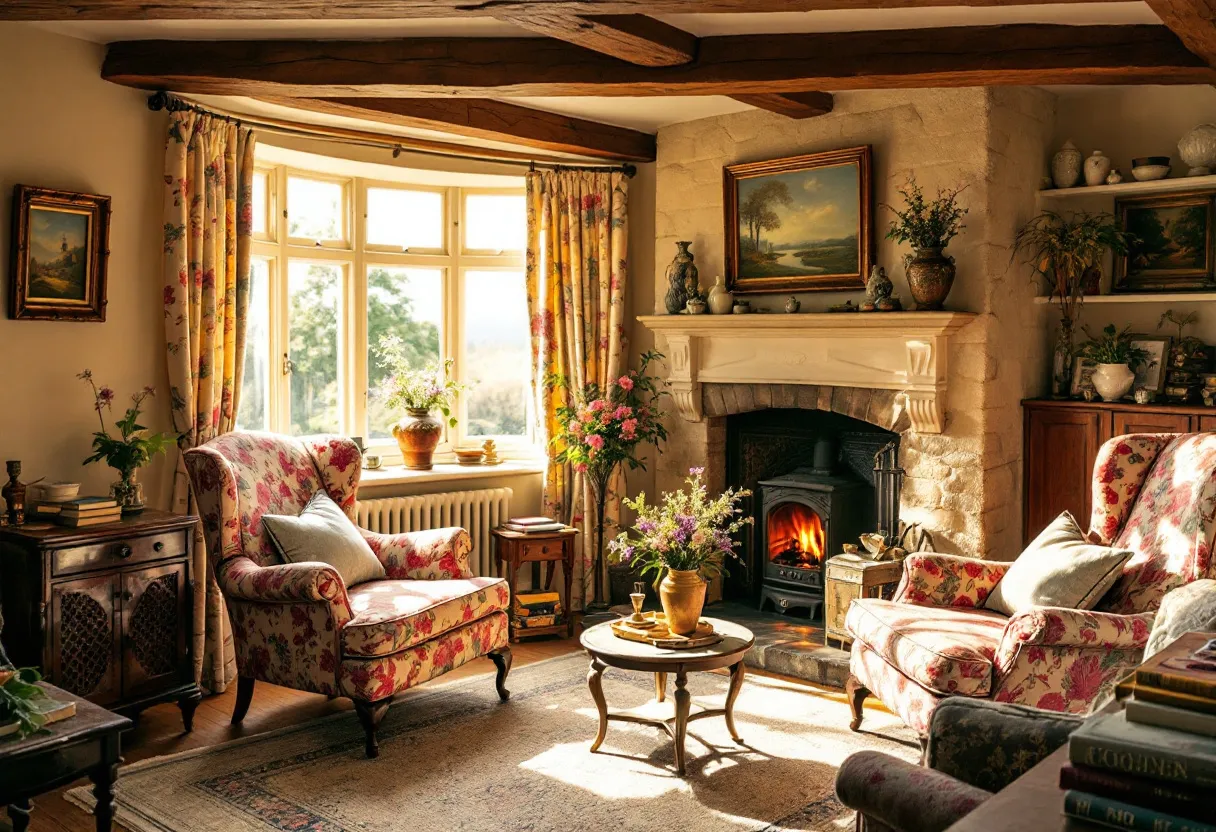 This English cottage living room exudes charm and warmth with its traditional elements and cozy atmosphere. Dominated by warm, earthy tones and natural textures, the space features a beautiful stone fireplace that serves as a central focal point. The fire casts a gentle glow, enhancing the room's intimate and inviting ambiance. Above the mantel, a landscape painting adds an artistic touch, framed elegantly to complement the rustic decor. The exposed wooden beams on the ceiling and rich wood furnishings, including a side cabinet, underscore the room’s classic aesthetic.
The floral armchairs, upholstered in vintage-inspired fabric, add a splash of color and character, providing a comfortable place for relaxation. The large bay window allows for an abundance of natural light, drawing attention to the cheerful floral patterns of the drapes and the potted plants on the windowsill, which add a touch of greenery and vitality to the room. The overall arrangement, with a round coffee table adorned with a fresh bouquet, encapsulates the quintessential charm of English country living, blending comfort with elegance.