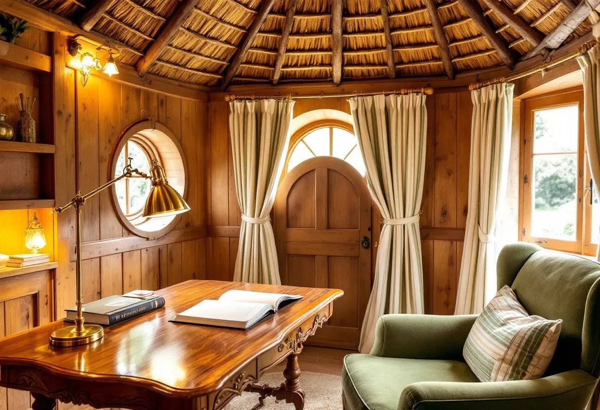 This English cottage office exudes warmth and charm, capturing the timeless appeal of traditional design. The rustic wooden walls, complemented by a thatched ceiling, create a cozy, inviting atmosphere. A circular window allows natural light to gently illuminate the space, enhancing its quaint and serene ambience. The room features a beautifully crafted wooden desk adorned with a classic brass lamp, perfect for reading or writing.
Adjacent to the desk is a comfortable, plush armchair with a softly striped cushion, providing an ideal spot for relaxation or contemplation. Cream-colored curtains frame the arched door and windows, adding an elegant touch while offering privacy. The overall aesthetic is a harmonious blend of comfort and sophistication, making it an ideal setting for focused work or leisurely retreat.
