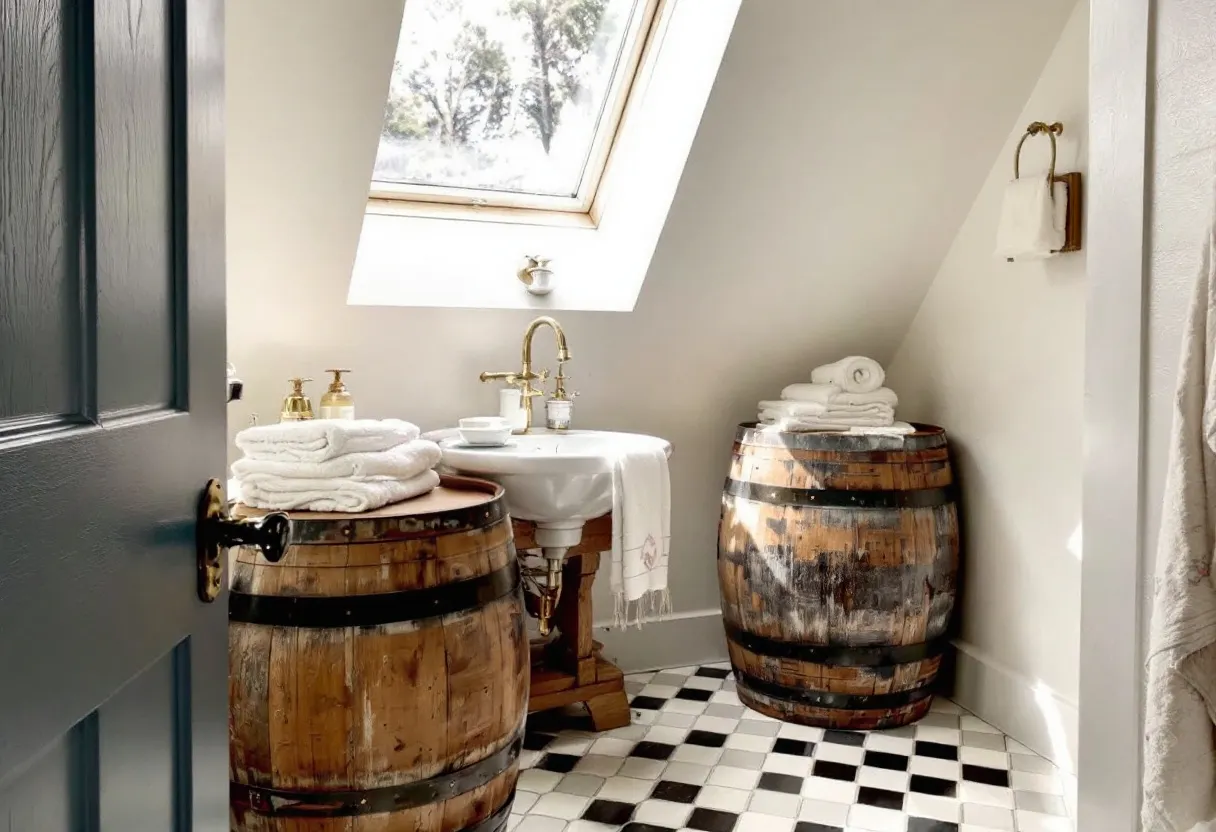 This farmhouse bathroom exudes rustic charm with its use of natural materials and cozy design. The standout features are the two large, wooden barrels that sit prominently within the space, cleverly repurposed as functional elements. Their textured wood and rustic finish add a touch of vintage appeal, complementing the farmhouse aesthetic. The barrels serve as a creative alternative to traditional storage, adorned with neatly folded white towels that contrast with the rich, warm tones of the wood.
The black and white checkered floor tiles add a classic touch to the bathroom, enhancing its timeless appeal. At the center, a chic pedestal sink with an elegant brass faucet is positioned under a skylight, allowing natural light to flood the space and highlight the inviting and airy atmosphere. The sloped ceiling adds character to the bathroom, while neutral wall colors maintain a serene and calming environment. Overall, this bathroom combines functionality with an artistic design, making it a cozy and inviting retreat.