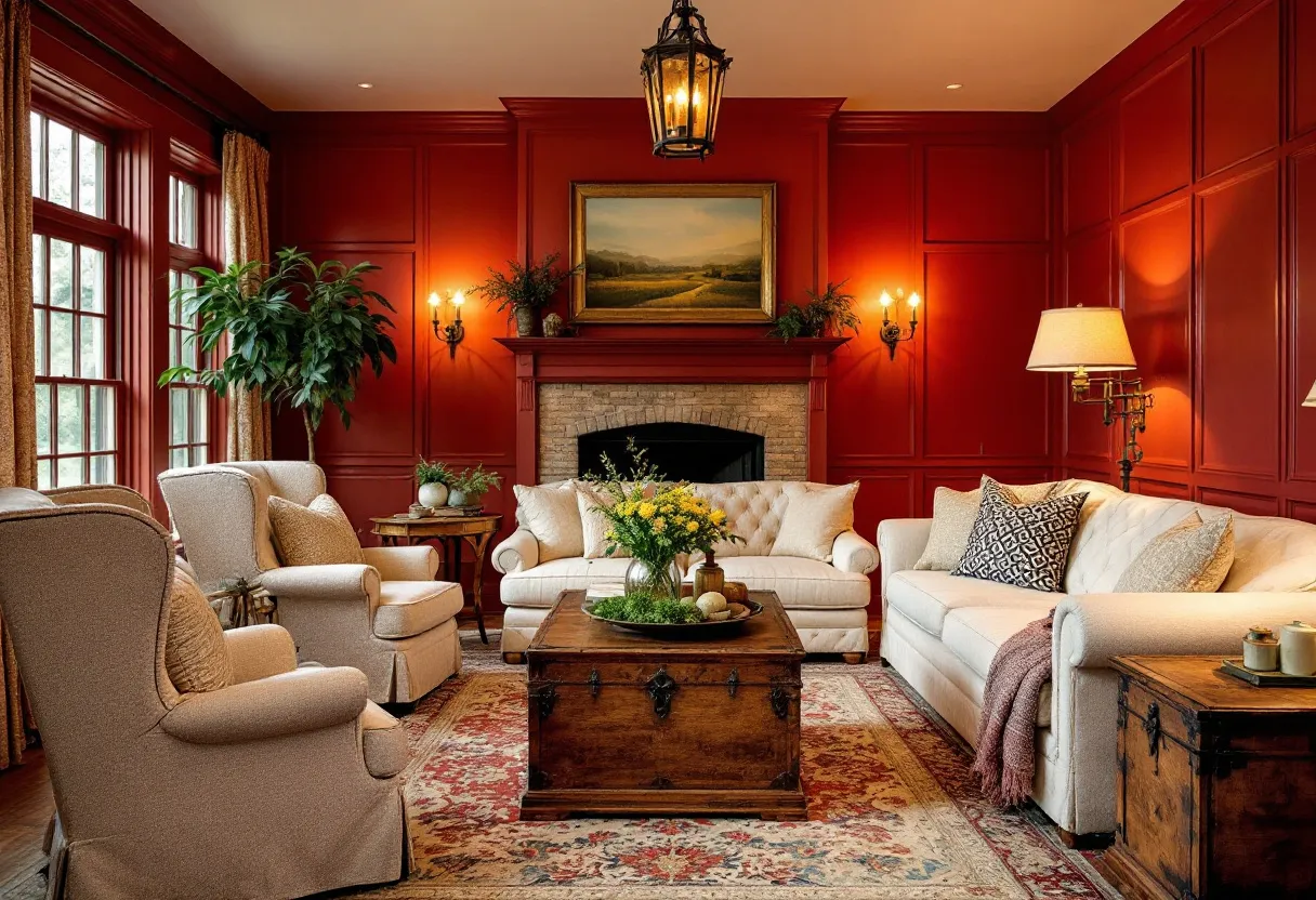 This farmhouse living room exudes warmth and sophistication with its vibrant red paneled walls, which are complemented by the gentle glow of wall sconces. The room is anchored by a grand fireplace with a charming brick surround, which serves as a focal point along with an elegant landscape painting above. Plush white sofas, adorned with patterned and textured throw pillows, add a touch of elegance and comfort, inviting relaxation and conversation.
Natural light floods the space through large windows, highlighting the rich tones and textures of the room. The foreground features a sturdy wooden coffee table, adorned with a fresh floral arrangement, adding a touch of organic beauty. Wingback chairs and decorative side tables frame the seating area, while lush green plants introduce a natural element that enhances the cozy, yet sophisticated, ambiance of the room.