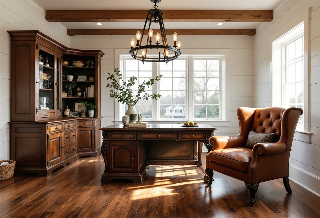 This farmhouse office showcases a warm and inviting atmosphere through its use of rich wooden elements and natural light. The large windows allow ample sunlight to illuminate the space, highlighting the dark wood floors and the intricate woodwork of the desk and cabinets. A distinctive feature of the room is the chandelier with an elegant, rustic design, which adds a touch of sophistication. The white shiplap walls contribute to the farmhouse aesthetic, creating a bright and airy contrast to the darker furnishings.
The furniture arrangement emphasizes comfort and functionality, with a large tufted leather armchair offering a cozy spot for relaxation or reading. The built-in cabinetry provides ample storage and display space, adorned with books, plants, and decor items that lend a personal touch. Beamed ceilings add architectural interest and depth to the room. This combination of elements creates a harmonious and stylish workspace that balances both traditional and modern farmhouse design.