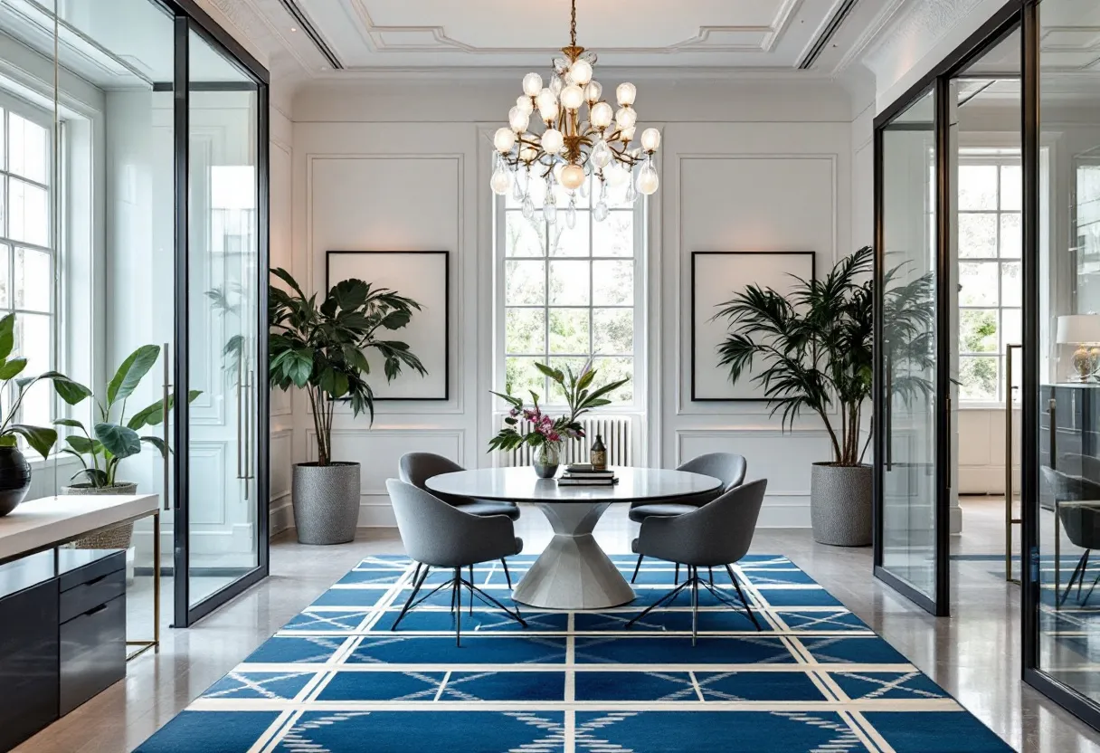 This French office exudes elegance and sophistication, featuring a blend of modern and classic design elements. The space is anchored by a striking, contemporary chandelier that hangs majestically from the ceiling, adding a touch of luxury and refinement. The walls are adorned with ornamental moldings, enhancing the office's classic French charm. Large windows allow for an abundance of natural light to flood the room, creating a bright and welcoming atmosphere. The floor is covered with a bold blue geometric rug, which acts as a centerpiece and brings a vibrant touch to the otherwise neutral color scheme.
The office is furnished with a sleek, round table surrounded by comfortable, modern chairs, making it an ideal setting for meetings or collaborative work. Minimalistic framed artworks hang on the walls, contributing to the clean and uncluttered aesthetic. Large potted plants are strategically placed around the room, adding a refreshing and organic element that contrasts beautifully with the polished wooden floors and glass partitions. Overall, this French office space perfectly balances functionality with an artistic flair, making it an inspiring environment for creativity and productivity.