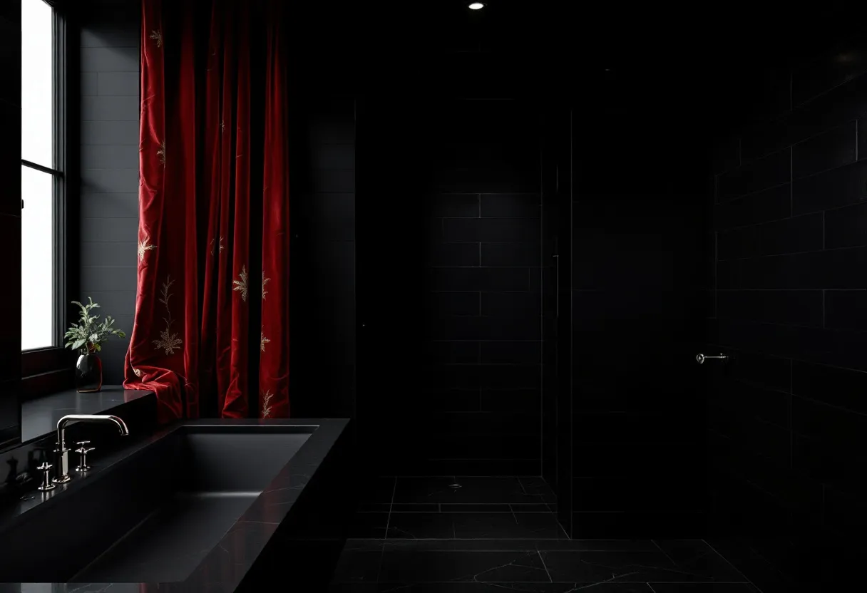 This gothic bathroom exudes an aura of mystery and elegance, primarily achieved through its use of dark tones and luxurious textures. The dominant black color of the tiles and fixtures creates a dramatic and immersive atmosphere that is both bold and sophisticated. The sleek, matte surfaces of the countertops and the fixtures add a modern touch to the otherwise classic gothic theme, emphasizing the intricate design choices that highlight the room's character.
Deep red curtains add a striking contrast to the space, introducing a rich, velvety texture and a touch of opulence. Their presence not only softens the starkness of the black elements but also enriches the visual depth of the room. The subtle floral patterns on the curtains contribute an element of delicate intricacy, enhancing the overall aesthetic with a hint of vintage charm. Together, these elements create a bathroom that feels both timeless and contemporary, an inviting yet enigmatic retreat.