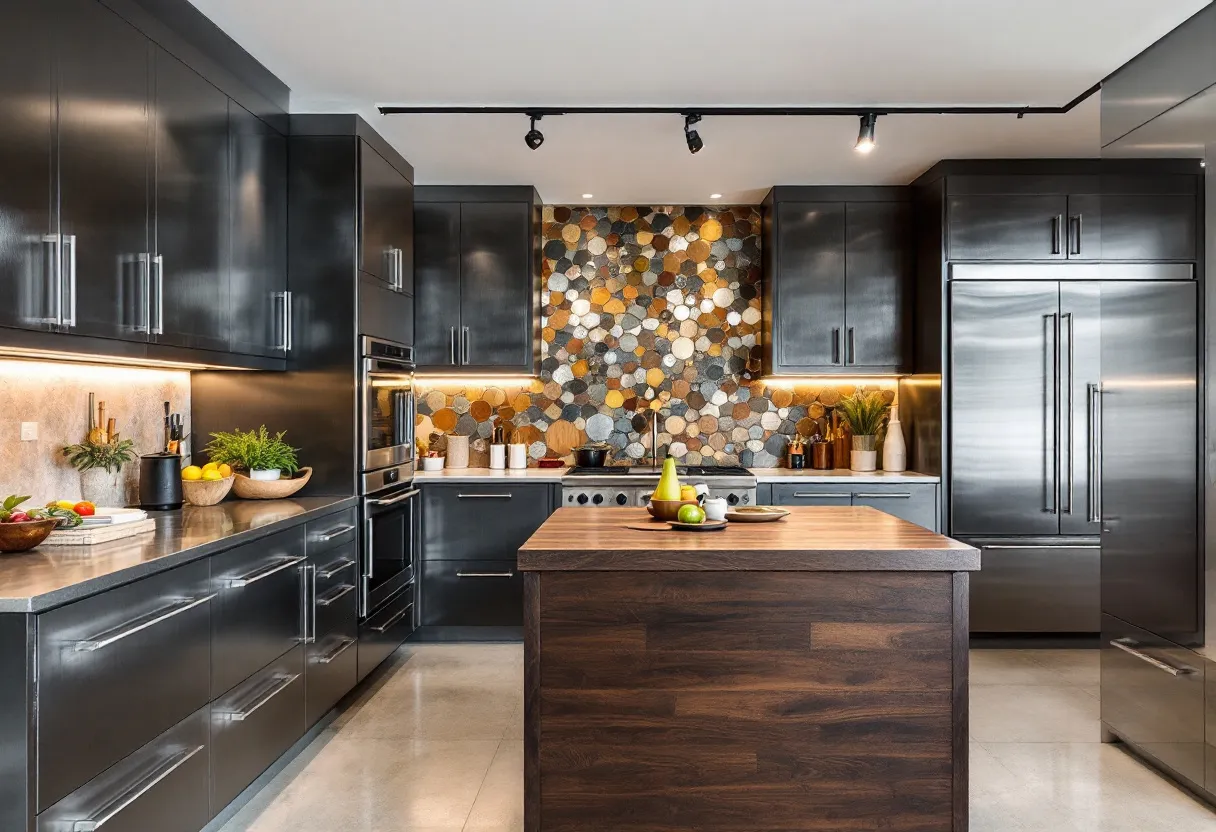 This industrial kitchen showcases a sleek and modern design, characterized by its dark cabinetry and stainless steel appliances. The cabinets have a smooth, glossy finish with long, streamlined handles, creating a minimalist and clean aesthetic. The central island features a rich, dark wood surface, providing a warm contrast to the cooler tones of the cabinetry and appliances. Recessed lighting under the cabinets enhances the workspace, highlighting both the countertop and backsplash.
The backsplash is a standout feature, composed of multi-colored, hexagonal tiles that add texture and visual interest. These tiles incorporate earth tones and metallics, providing a dynamic backdrop against the sleekness of the cabinetry. The kitchen is equipped with high-end appliances, including a double oven and a large refrigerator, indicating functionality for serious culinary endeavors. Decorative elements, such as bowls of fresh produce and potted herbs, lend a touch of nature and color, balancing the room’s industrial elements.