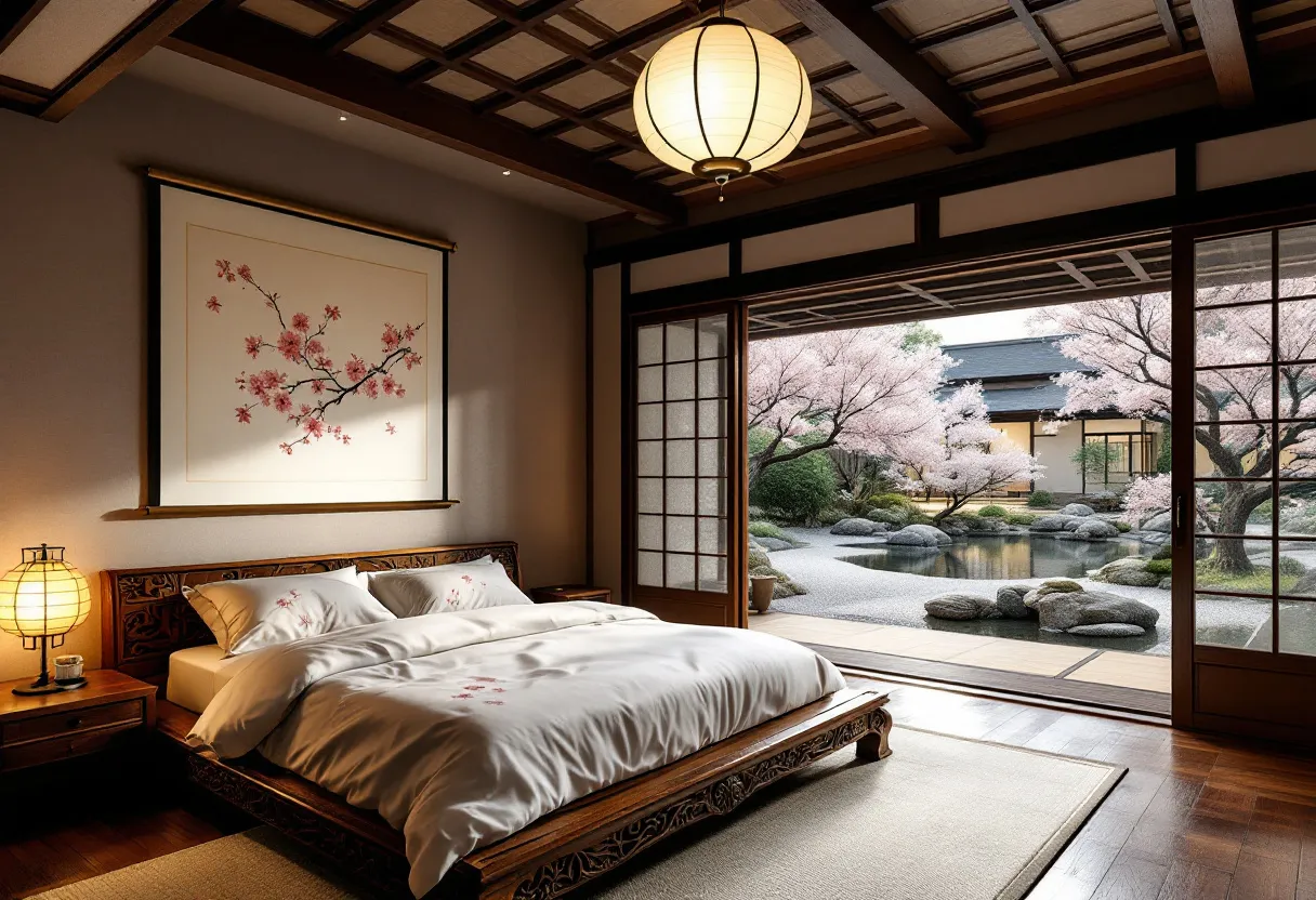 This Japanese bedroom exudes tranquility and elegance, defined by its harmonious blend with nature and traditional aesthetic elements. The prominent sliding shoji doors open to reveal a picturesque view of a serene garden, featuring cherry blossom trees and a tranquil pond. The walls are adorned with a delicate piece of art that showcases cherry blossoms, echoing the natural beauty outside and creating a seamless connection between the interior and the outdoor environment. The soft glow from the hanging paper lantern and the lamp on the bedside table imbues the room with a warm, inviting ambiance.
The furnishings in the bedroom highlight traditional Japanese craftsmanship. The low wooden bed is adorned with white bedding, subtly embroidered with cherry blossom motifs that mirror the theme of the room. Its intricate wooden carvings add a touch of sophistication, while the polished wooden floor complements the overall minimalist design. The careful choice of decor and the room's layout prioritize simplicity and functionality, which contributes to a sense of peace and relaxation, typical of Japanese interior design.