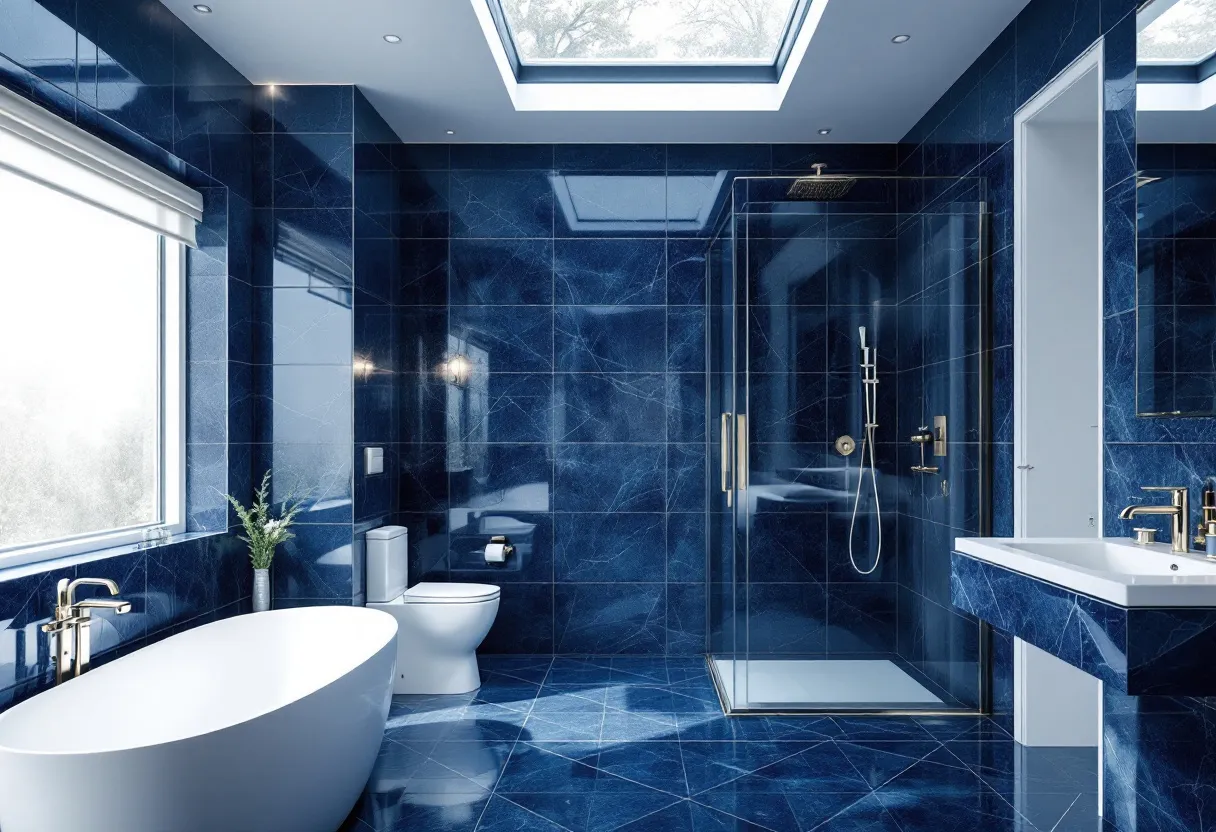 This luxury bathroom exudes an air of elegance and sophistication with its predominantly deep blue marble tiles that cover the floors and walls, creating a bold and cohesive aesthetic. The richness of the blue is complemented by subtle, white veining throughout the tiles, adding depth and texture. The large window allows natural light to flood the space, highlighting the glossy finish of the marble and creating a bright and inviting atmosphere. A sleek, freestanding bathtub sits gracefully under the window, providing a serene spot for relaxation.
The centerpiece of this bathroom is a modern and spacious shower enclosure with clear glass doors, accented by luxurious fixtures in a gleaming gold finish. The dual shower heads, including a rain shower, promise a spa-like experience. Adjacent to the shower is a contemporary vanity featuring a broad mirror and chic lighting that reflects both style and function. The understated, yet elegant design elements in this bathroom emphasize a seamless blend of luxury and minimalism, creating a sanctuary of comfort and beauty.
