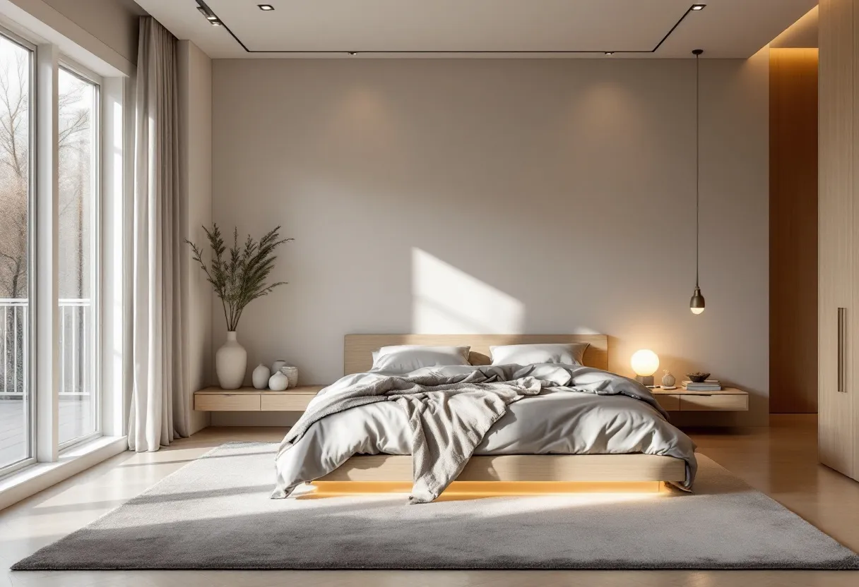 This luxury bedroom exudes a sense of modern elegance and tranquility. The centerpiece is a large bed adorned with soft gray bedding, complemented by a neatly arranged throw blanket. The bed frame features a minimalist design, tastefully illuminated from below to create a warm and inviting ambiance. Flanking the bed are floating nightstands, each equipped with sleek decorative items and practical lighting solutions, including a pendant light and a spherical lamp that add depth and style to the room.
Natural light floods the space from the floor-to-ceiling windows, dressed with light, flowing curtains that offer privacy while enhancing the serene atmosphere. A plush gray rug underlines the bed area, providing a touch of comfort and contrast to the light wooden flooring. The neutral color palette, combined with subtle textures and carefully chosen decor, establishes a harmonious balance, making the room a perfect retreat for rest and relaxation.
