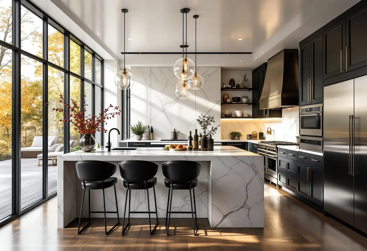 This luxury kitchen exudes sophistication and elegance with its sleek and modern design. The expansive open floor plan features a grand kitchen island made of fine marble, which becomes the focal point of the room. The clean lines of the cabinetry and the choice of high-end materials are highlighted by the abundance of natural light streaming in through the floor-to-ceiling windows. These windows not only illuminate the kitchen but also offer a stunning view of the surrounding landscape, creating a seamless connection between indoor and outdoor spaces.
The kitchen's color palette is a harmonious blend of rich dark tones and light marble surfaces, creating a striking contrast that adds to the room's luxurious feel. Modern pendant lights hanging above the island provide both illumination and a touch of artistic flair. The use of state-of-the-art appliances, integrated smoothly into the cabinetry, enhances the room's functionality while maintaining its aesthetic appeal. Decorative elements such as vases and plants punctuate the space, adding warmth and personality to this meticulously designed kitchen.