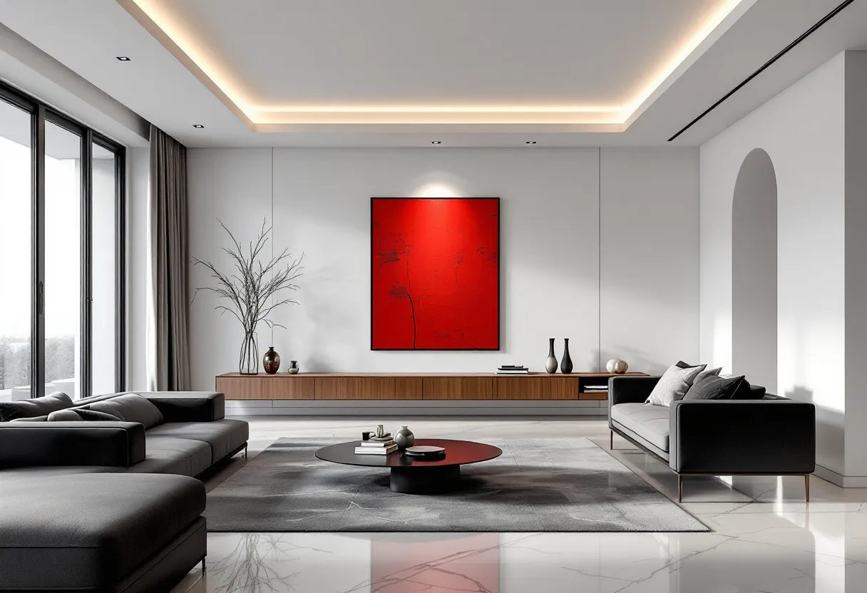 This luxury living room exudes modern elegance and understated sophistication. The space is dominated by a monochromatic palette, creating a serene and cohesive atmosphere. The sleek, dark furniture harmonizes with the soft gray tones of the walls, exuding a sense of calm and relaxation. A large, plush sectional and a stylish armchair provide ample seating, arranged around a minimalist round coffee table that serves as the centerpiece of the room. The expansive windows flood the space with natural light, highlighting the room's polished surfaces and enhancing the overall ambiance.
A striking red painting mounted on the wall introduces a bold splash of color, serving as a focal point that draws the eye and adds depth to the decor. On the opposite side, a low, modern console table extends along the length of the wall, adorned with a curated selection of decorative objects that reflect a refined aesthetic. The subtle integration of greenery in a sleek vase brings a touch of nature indoors, complementing the clean lines and uncluttered nature of the space. This living room's attention to detail and commitment to modern luxury create an environment that is both welcoming and sophisticated.