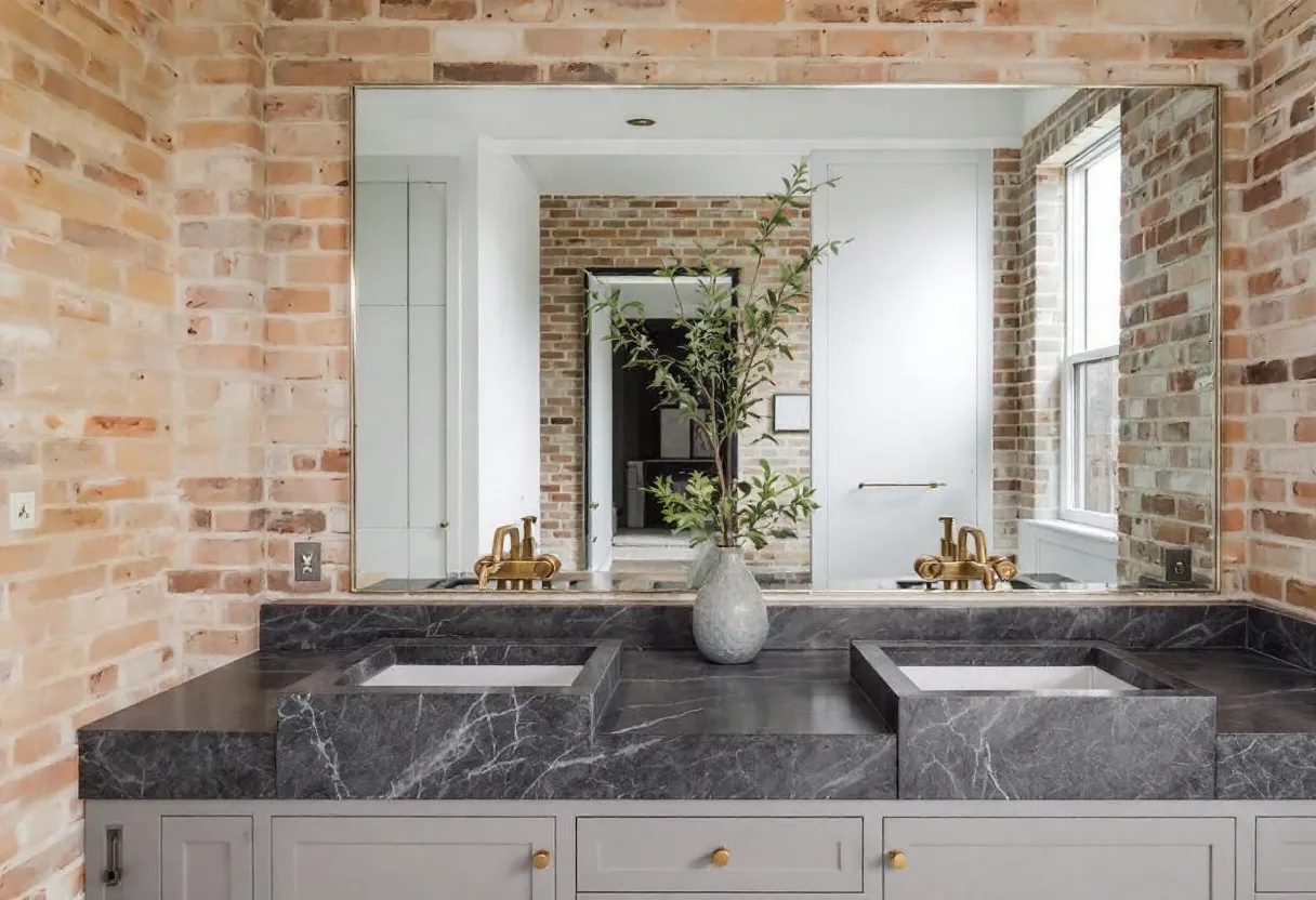 This masculine bathroom features an impressive blend of rugged charm and modern elegance. The exposed brick walls contribute to a rustic ambiance, adding texture and warmth to the space. The large mirror above the dual sinks reflects abundant natural light from the nearby window, creating an open and inviting aura. The precise, strong lines of the black marble countertop contribute a touch of sophistication, balanced perfectly with the earthy tones of the brick.
Adding to the masculine aesthetic are the fixtures and fittings, such as the bold brass faucets, which enhance the overall industrial vibe while providing a warm metallic contrast against the monochrome marble. The gray cabinetry with sleek, understated handles subtly complements the darker tones of the sink area. A vase with greenery adds a refreshing, organic element, softening the space without detracting from its masculine appeal. This bathroom harmonizes comfort with style, offering a serene yet robust retreat.