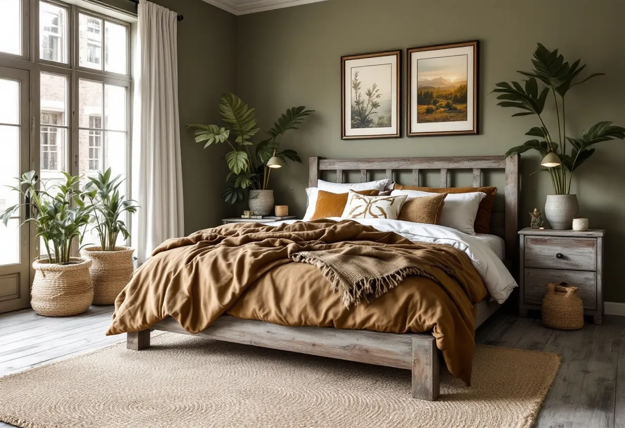 This masculine bedroom exudes a warm and inviting atmosphere, primarily achieved through its earthy color palette and rustic elements. The walls are painted in a calming olive green, which pairs seamlessly with the distressed wooden furniture, including the substantial bed frame and matching nightstand. A large window allows natural light to flood the room, illuminating the space and enhancing its natural elements. The bedding is layered with rich, earthy tones such as deep brown and muted gold, which add depth and comfort to the room's ambiance.
Accents of greenery are thoughtfully placed throughout, with lush potted plants adding a touch of nature and fresh air to the space. A woven rug underpins the design, echoing the natural textures and complementing the wooden flooring. Above the bed, two framed artworks depicting serene landscapes provide a focal point and tie together the room’s theme. This bedroom successfully balances rugged elements with cozy details, creating a perfect retreat.