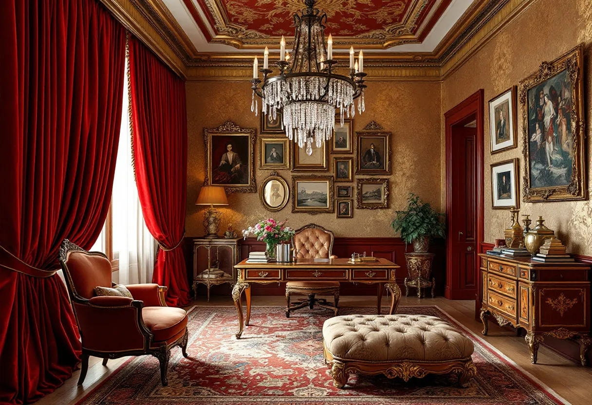 This maximalist office exudes opulence and grandeur with its richly adorned decor. The walls are lavishly covered in warm, golden tones, setting a luxurious backdrop for the space. Heavy, red velvet curtains drape elegantly, framing the windows and adding a sense of drama. A large, ornate chandelier hangs from the intricately designed ceiling, casting a warm glow over the room and complementing the opulent ambiance. The furniture is crafted with exquisite detailing, featuring a classic wooden desk, plush chairs, and a tufted ottoman that add a sense of comfort and sophistication.
The office walls are a gallery of art, featuring a collection of eclectic paintings and portraits, each in a decorative frame, creating a sense of history and culture. A beautiful floral arrangement sits atop the desk, adding a fresh and lively touch to the room. Richly patterned rugs underfoot enhance the warmth and invite a sense of coziness, perfectly balancing the formality of the space. This office space is a testament to maximalist design, where every element is thoughtfully curated to create an environment that is both luxurious and inviting.