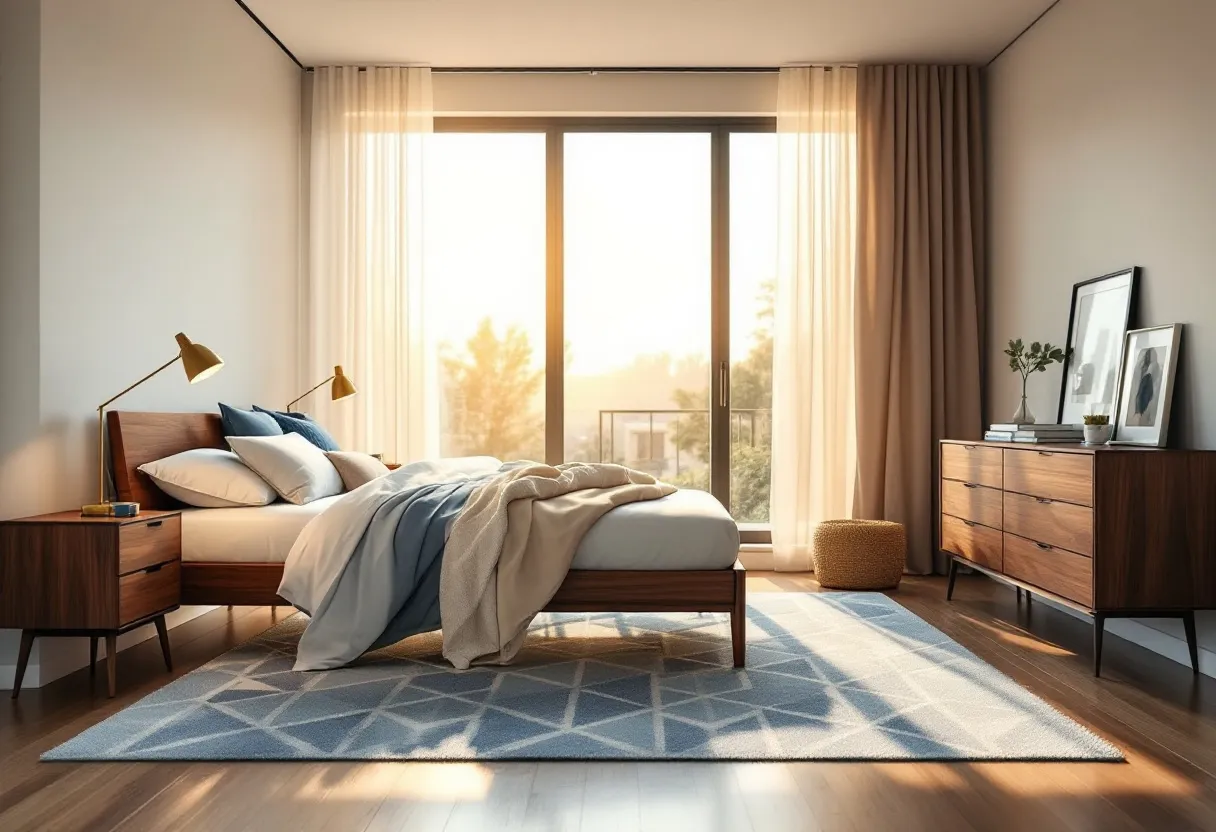 This mid century modern bedroom exudes warmth and simplicity with its clean lines and natural materials. The focal point of the space is a sleek wooden bed frame, accentuated by soft, neutral bedding that complements the room’s earthy palette. To the side, a pair of matching nightstands with angled legs add to the vintage charm, while brass lamps provide a touch of elegance. The large window allows ample natural light to pour in, highlighting the rich tones of the wood furniture and the soft textures of the textiles.
Across the room, a low-profile dresser with a smooth, wood finish offers additional storage and serves as a surface for displaying art and greenery. A geometric patterned rug in hues of blue and gray anchors the space, adding depth and interest. Subtle yet sophisticated, the design combines functionality with an aesthetic appeal, creating a tranquil retreat that captures the essence of mid century modern style. The overall ambiance is one of comfort and understated elegance, inviting relaxation and harmony.