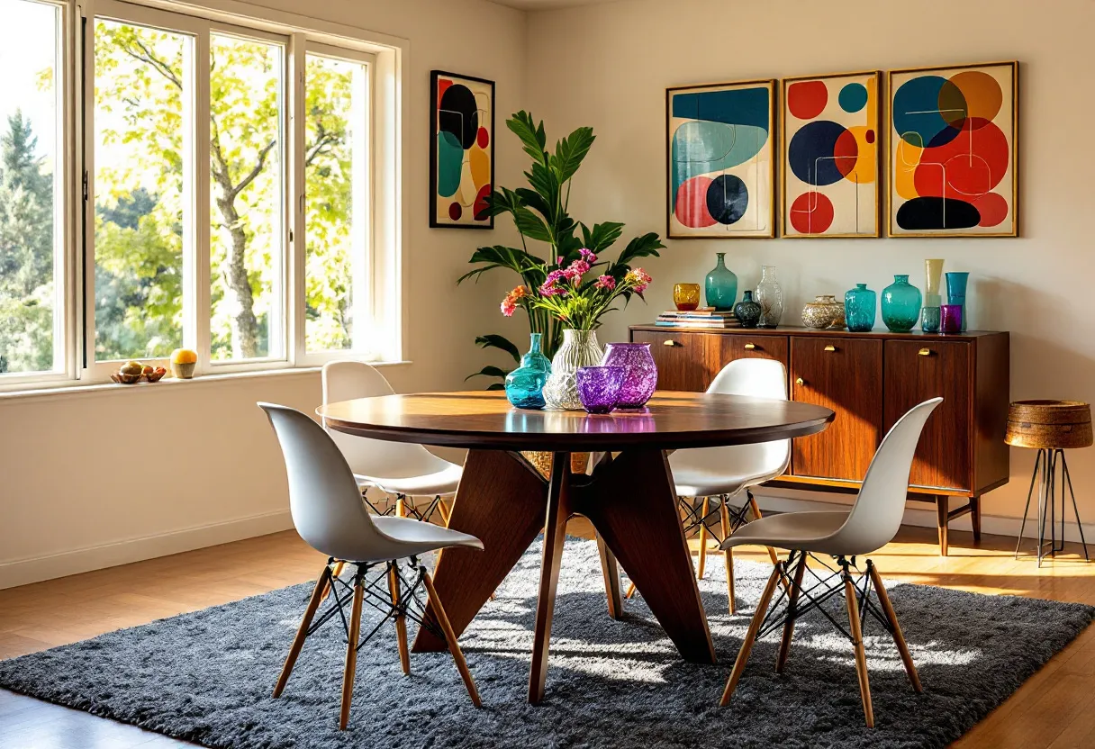 This mid century modern dining room showcases a harmonious blend of classic design elements and vibrant color accents. Central to the room is a round wooden dining table with characteristic tapered legs, surrounded by iconic white chairs that feature sleek, molded plastic seats and wooden legs with metal supports, embodying the era’s minimalist aesthetic. Above the table, a series of geometric art pieces in bold primary colors offer a striking focal point, adding an artistic flair that contrasts with the room’s otherwise neutral tones.
The room is filled with natural light pouring in from large windows, creating a bright and airy atmosphere that highlights the rich wood tones and colorful accents. A lush, green plant adds a touch of nature and organic texture to the space. The sideboard, with its retro detailing and polished wood finish, provides additional surface area for decorative items and features an array of brightly colored glass vases. This combination of natural elements, vibrant artwork, and timeless furniture pieces encapsulates the essence of mid century modern style, blending functionality with aesthetic appeal.