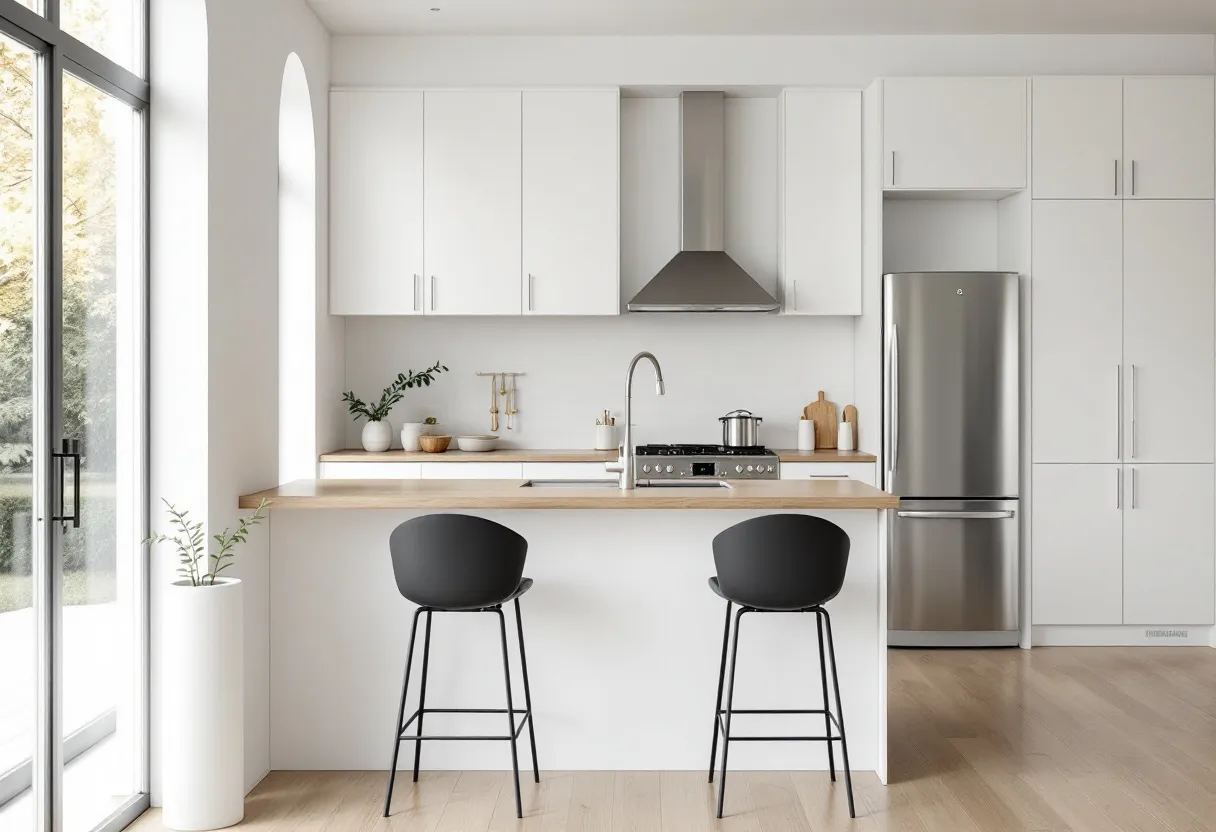This minimalist kitchen showcases a clean and modern design, characterized by its white cabinetry and sleek stainless steel appliances. The light wood flooring and countertops add warmth to the space, creating a harmonious balance with the cooler tones of the grey and white elements. The cabinets are handle-free, contributing to the streamlined appearance, while the built-in range hood integrates seamlessly with the upper cabinetry. The kitchen layout is efficient, optimized for both functionality and aesthetics.
The large window and glass door allow natural light to flood the room, enhancing the airy ambiance. Two black bar stools provide seating at the counter, introducing a subtle contrast to the predominantly light color palette. Simple decorative elements, such as small plants and a few kitchen essentials, are thoughtfully placed, emphasizing the minimalist approach. Overall, the space is inviting and uncluttered, offering a tranquil environment for cooking and dining.