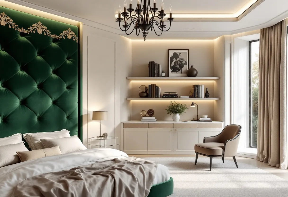 This modern bedroom exudes a sense of luxury and elegance, with its plush, tufted green headboard as the focal point. The headboard's deep emerald hue contrasts beautifully with the soft, neutral tones of the bed linens, creating a sophisticated atmosphere. The room features sleek, built-in shelving that showcases a collection of books and art pieces, subtly illuminated by warm, ambient lighting. This lighting enhances the room's modern aesthetic, highlighting the simple yet refined decor.
The bedroom is further complemented by a large window that allows natural light to flood the space, enhancing its airy and spacious feel. A comfortable chair is strategically placed near the window, perfect for relaxation or reading in natural light. The elegant chandelier provides a touch of classic charm, tying the room together with a blend of modern and traditional elements. A calm and inviting color palette, along with carefully selected furnishings, contributes to an overall atmosphere of tranquility and style.