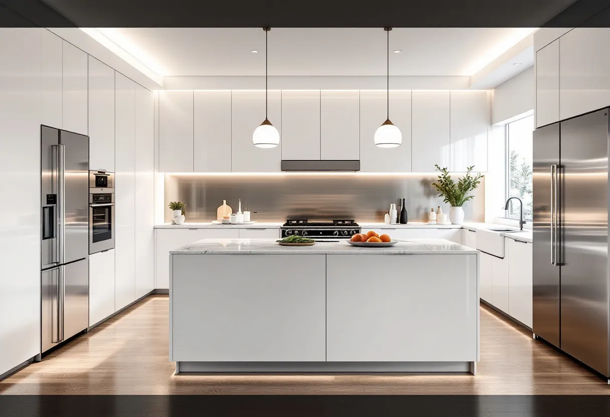 This modern kitchen features a sleek and clean design, emphasizing functionality and minimalism. The cabinetry is a crisp white, creating a bright and airy atmosphere. The kitchen island is at the center, topped with a smooth marble surface that adds elegance to the space. Pendant lights hanging above the island provide focused lighting, enhancing the overall aesthetic.
The appliances are seamlessly integrated into the cabinetry, maintaining a streamlined appearance. A large stainless-steel refrigerator complements the minimalist design, while a built-in oven and a sleek stovetop offer practicality for cooking enthusiasts. The backsplash is understated yet sophisticated, reflecting subtle lighting. Natural light from the window highlights the modern fixtures and the chic decor, including a few carefully placed vases and kitchen essentials.