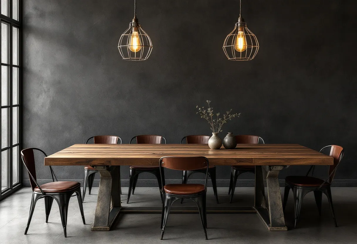 This moody dining room exudes a strong industrial vibe with its dark, sophisticated color palette and simple yet striking design elements. The black walls provide a dramatic backdrop that highlights the dark metal and wood combination of the dining table and chairs. The table itself has a robust appearance with thick, solid wooden planks supported by sturdy metal legs, representing a fusion of rustic and industrial styles. The chairs echo this design with their metal frames and rich brown leather seats, adding warmth and texture to the otherwise monochromatic setting.
Above the table, two pendant lights hang elegantly, enclosed in wire cages that contribute to the room's industrial theme. These lights, with their warm, glowing filaments, cast a gentle, inviting light that softens the overall ambiance, creating a cozy yet refined atmosphere. The minimalist decor, featuring a few simple vases with delicate branches, adds a touch of nature without overwhelming the space, enhancing its serene and contemporary feel. The large windows suggest an openness to natural light, balancing the room's darker tones and emphasizing an atmosphere of quiet sophistication.