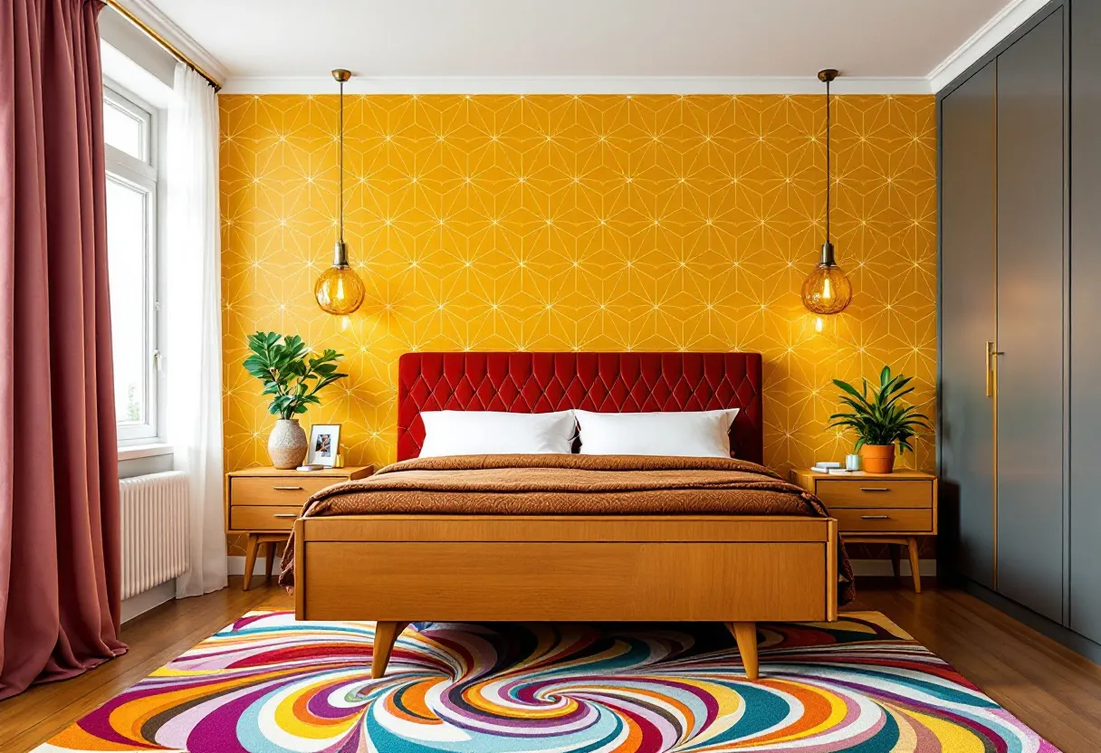 This retro bedroom captures the essence of mid-century modern design with its bold, geometric patterns and warm color palette. The focal point is the vibrant orange wallpaper featuring an intricate geometric design that adds a dynamic yet cozy backdrop to the space. Complementing the wallpaper is a richly upholstered red headboard that exudes a sense of luxury and comfort, matching the plush bedspread that echoes the warm hues of the room.
The room is furnished with sleek wooden furniture, including a stylish bed and matching side tables that reflect the minimalist aesthetic of the era. Bright pendant lights hang symmetrically above each nightstand, casting a warm glow that enhances the ambiance of the room. A standout feature is the multicolored, swirling carpet that injects a lively burst of color, tying together the decor with a playful yet sophisticated touch. Richly colored drapes frame the window, adding a final layer of texture and depth to this thoughtfully curated space.