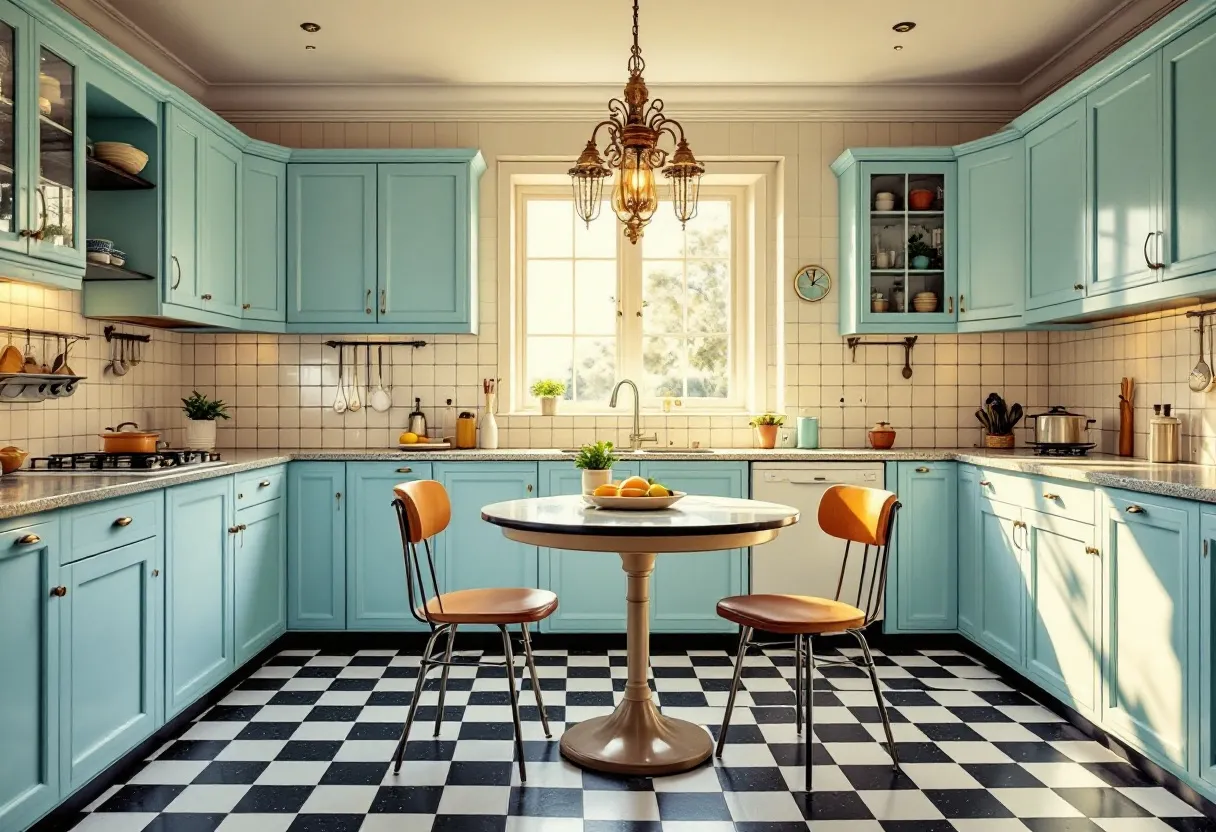 This retro kitchen exudes a charming mid-century vibe, with its pastel blue cabinetry and checkered black-and-white floor tiles. The cabinetry features classic paneling with metallic handles, adding to the nostalgic feel. The countertops have a speckled design that complements the overall color scheme. A large window above the sink allows natural light to flood the space, enhancing its airy and welcoming atmosphere. Above the window hangs a vintage-style clock that adds a functional yet decorative touch.
Central to the kitchen is a round table with sleek, curved chairs that feature warm brown cushions, offering a cozy spot for casual meals. A modest yet elegant chandelier hangs from the ceiling, casting a warm glow over the dining area. The walls are adorned with simple white tiles, keeping the aesthetic clean and timeless. Various kitchen utensils are neatly arranged, adding both practicality and style. The space is dotted with small potted plants, adding a touch of greenery, while fresh fruit on the table enhances the inviting and lived-in feel.