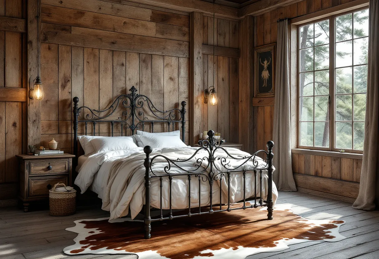This rustic bedroom exudes warmth and coziness, showcasing a harmonious blend of wood and iron elements. The walls, dressed in natural wooden planks, create an inviting atmosphere reminiscent of a cabin retreat. Central to the room is a wrought iron bedframe, intricately designed, which adds a touch of elegance against the simplicity of the wood. The bedding is plush and inviting, with crisp white linens that contrast beautifully with the darker tones of the bedframe and walls.
The room is softly illuminated by vintage-style hanging light bulbs, which enhance the rustic ambiance and cast a warm glow across the space. A large window allows natural light to stream in, highlighting the textures of the wood and providing a breathtaking view of the greenery outside. A cowhide rug on the floor introduces an element of rustic charm and adds a layer of comfort underfoot. The overall design is simple yet sophisticated, creating a tranquil escape that feels both timeless and modern.