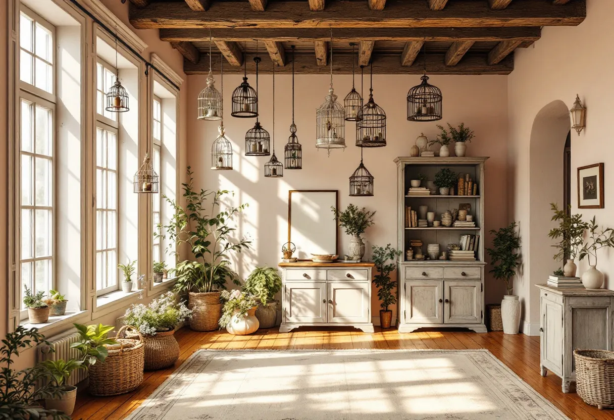 This shabby chic living room exudes warmth and charm with its soft color palette and vintage-inspired furnishings. The walls are painted in a light, neutral tone that complements the rustic wooden beams on the ceiling, adding to the room's cozy ambiance. A variety of mismatched birdcage pendant lights hang gracefully, casting gentle shadows and adding an eclectic touch to the space. Large windows allow natural light to flood in, highlighting the room's muted tones and weathered finishes.
The furniture includes a mix of distressed wooden pieces that contribute to the shabby chic aesthetic, including a cabinet filled with books and ceramic decor. Potted plants and flowers in woven baskets and ceramic pots are placed strategically around the room, bringing a touch of nature indoors. The wooden floor enhances the room's warmth, and a soft, neutral-colored rug anchors the space, inviting relaxation and comfort in this beautifully curated living room.