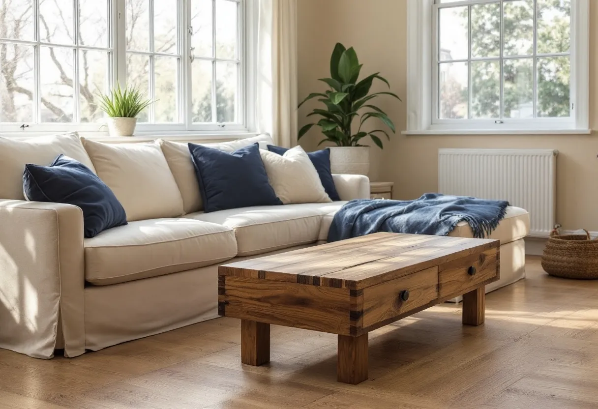 This simple living room exudes a sense of warmth and comfort, with its neutral color palette and minimalist design. The room is anchored by a generously sized cream sofa, adorned with plush cushions in shades of navy blue and white that add a touch of elegance to the space. The abundance of natural light pouring through the large windows enhances the room's inviting ambiance, creating a serene environment perfect for relaxation and unwinding.
Adjacent to the sofa is a wooden coffee table that serves as a focal point of the room. Its rustic finish adds texture and character, complementing the polished wooden flooring. A vibrant green plant placed at the corner brings a refreshing element of nature indoors, while a soft blue throw creates an additional layer of coziness. The room’s design is thoughtfully balanced, making it an ideal setting for both casual gatherings and quiet moments of reflection.