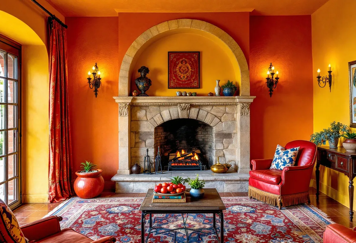 This Spanish living room exudes a warm and inviting atmosphere with its vibrant color palette and rich textures. The walls are painted in warm hues of orange and yellow, creating a cozy and welcoming ambiance. The focal point of the room is a grand stone fireplace, complete with intricate carvings on its mantel and an arched niche above that enhances the architectural interest. A lively fire burning in the hearth adds to the room's warmth and serves as a natural gathering spot.
Rich furnishings complement the color scheme, with a plush red armchair accented by a blue and white patterned pillow, providing a touch of contrast. A large, ornate rug with intricate patterns in red and blue covers the terracotta-tiled floor, adding to the room's traditional Spanish charm. The room also features elegant decorative pieces, such as a sculpted bust and potted plants, that contribute to the classic, yet vibrant aesthetic. Antique-style wall sconces cast a warm glow, enhancing the room's inviting feel and highlighting the beautifully crafted details throughout.